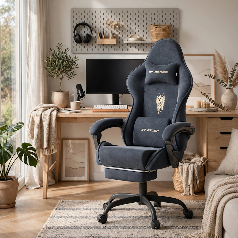 comfortable STRACER Velvet Upholstered Gaming Chair Featuring a Footrest, High Back Design, Ergonomic Support for Gamers, Includes Headrest And Massage Lumbar Pillow, Racing Style Reclining Video Game Chair 11 A bright Scandinavian-style home office with a wooden desk, natural green plants, and a pegboard, featuring a gray color Velvet Upholstered Gaming Chair.