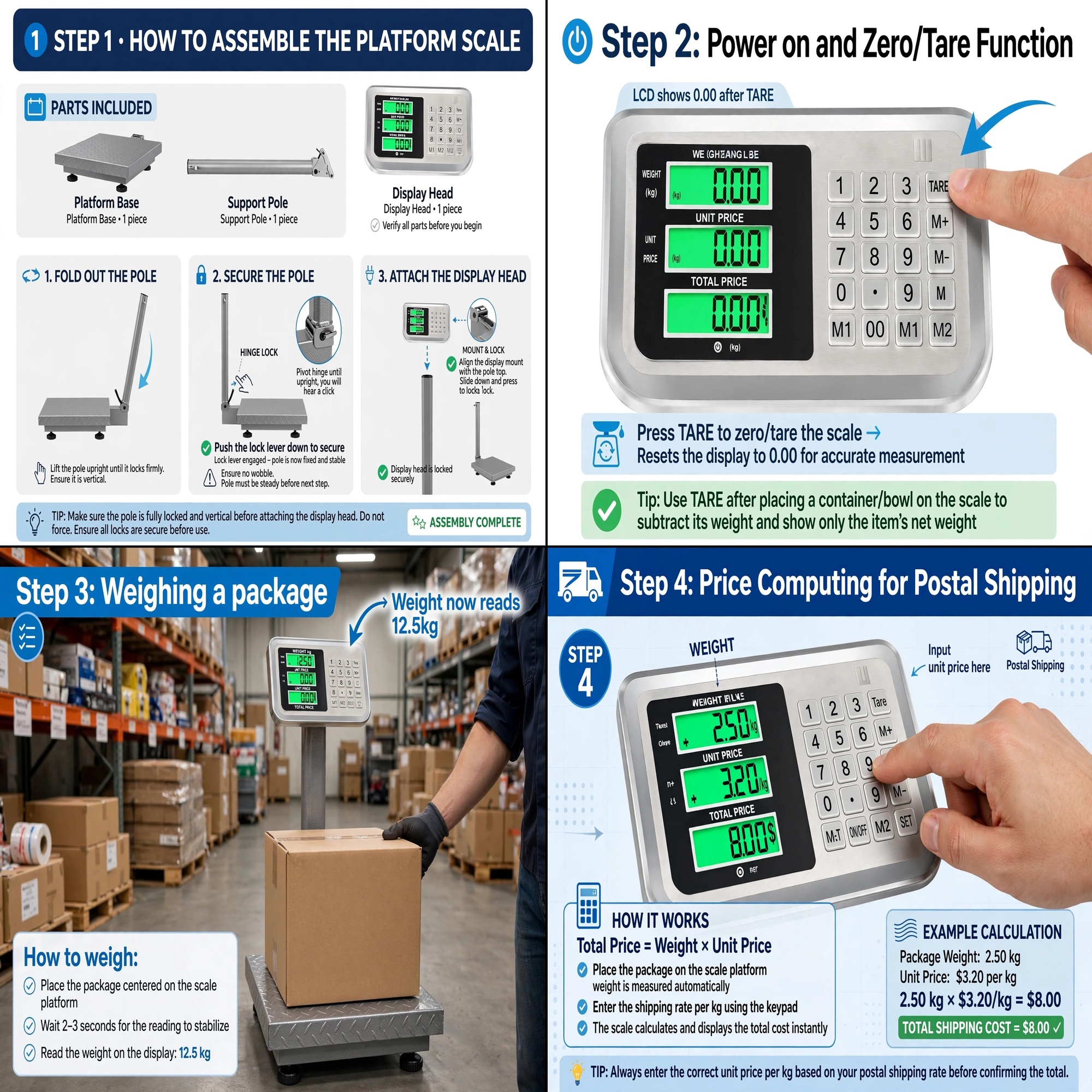 Electronic Industrial Commercial Platform Scale,Stainless Steel High-Definition LCD Display, Digital Floor Heavy Duty, Luggage Package Price Computing Postal Shipping Mailing 12 Instructional infographic showing step by step assembly instructions, tare function, package weighing, and price computing for a gray color commercial platform scale