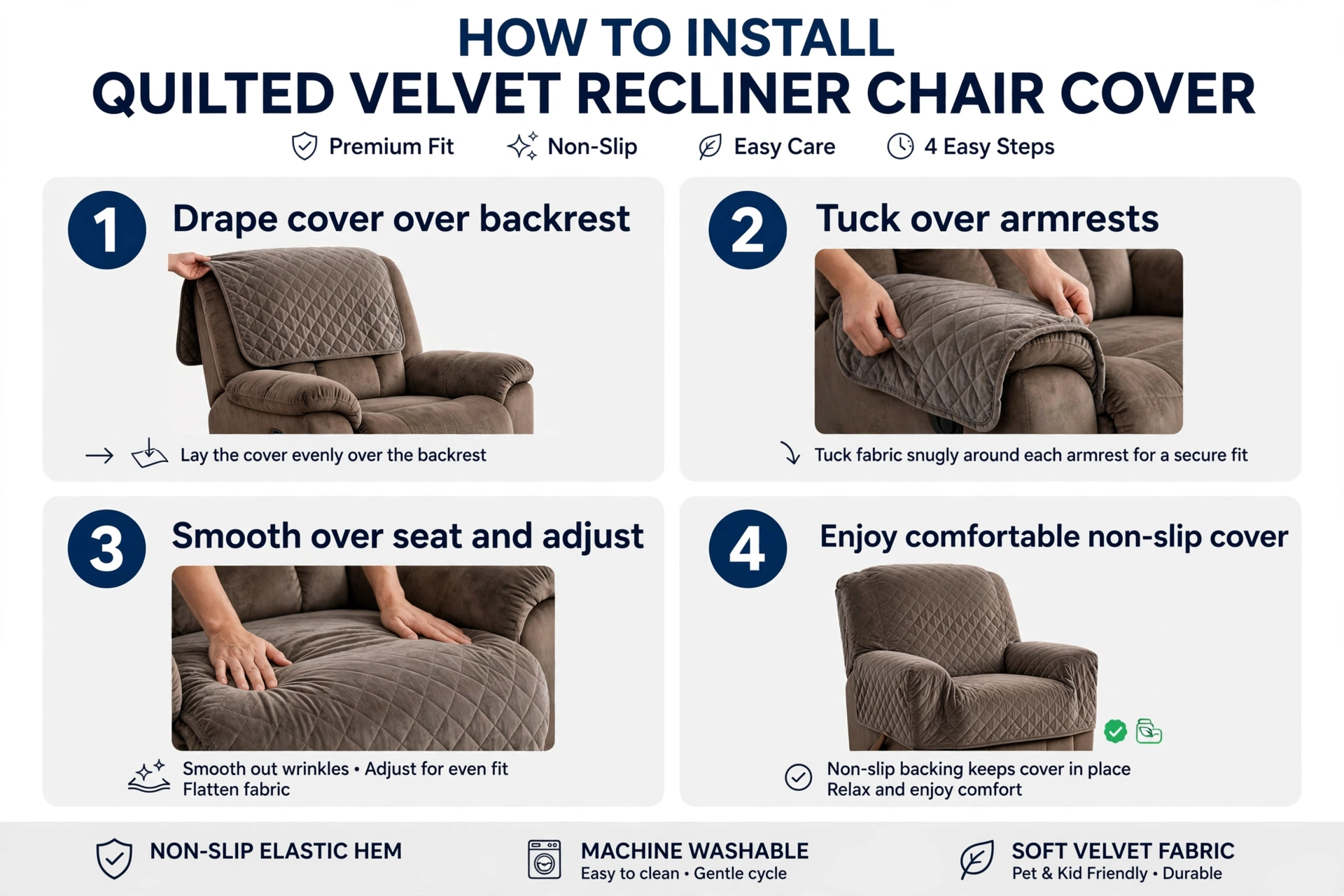 comfortable 1pc Velvet Recliner Chair Cover, Non-slip Recliner Slipcover Sofa Cover, Plush Recliner Cover, For Living Room Office Home Decor 13 An instructional infographic displaying four easy installation steps for the gray color Velvet Recliner Chair Cover with clear captions