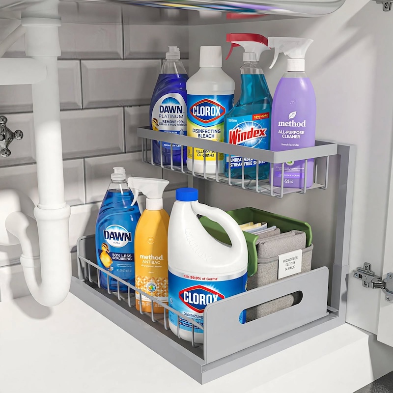 reliable Metal Under Sink Organizers, Pull Out Under Sink Storage Shelves with Sliding Drawer for Kitchen, Bathroom (1pack/2pack) 11 The gray 1pack Metal Under Sink Organizers installed neatly inside a kitchen cabinet filled with cleaning supplies and detergents.