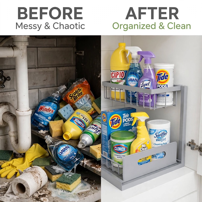 reliable Metal Under Sink Organizers, Pull Out Under Sink Storage Shelves with Sliding Drawer for Kitchen, Bathroom (1pack/2pack) 12 Before and after comparison showing a chaotic cabinet transformed into a tidy space using the gray 1pack Metal Under Sink Organizers.