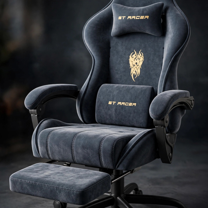 comfortable STRACER Velvet Upholstered Gaming Chair Featuring a Footrest, High Back Design, Ergonomic Support for Gamers, Includes Headrest And Massage Lumbar Pillow, Racing Style Reclining Video Game Chair 12 A close-up macro shot highlighting the soft velvet material, detailed stitching, and ergonomic cushions of the gray color Velvet Upholstered Gaming Chair.