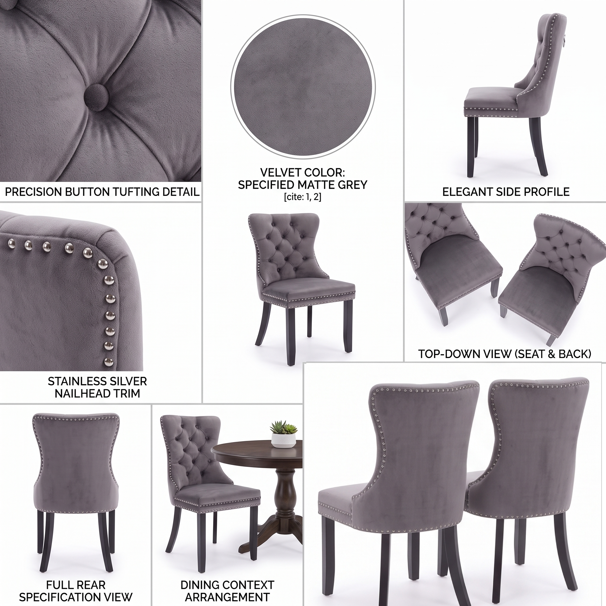Set of 4 Upholstered Dining Chairs, Velvet Chairs with Button Tufting And Sturdy Wooden Legs, Contemporary Fabric Side Chairs for Dining Areas, Kitchens, Restaurants, And Hotels 17 An informational design collage detailing the precision button tufting and stainless silver nailhead trim of a gray color Set of 4 Upholstered Dining Chairs.
