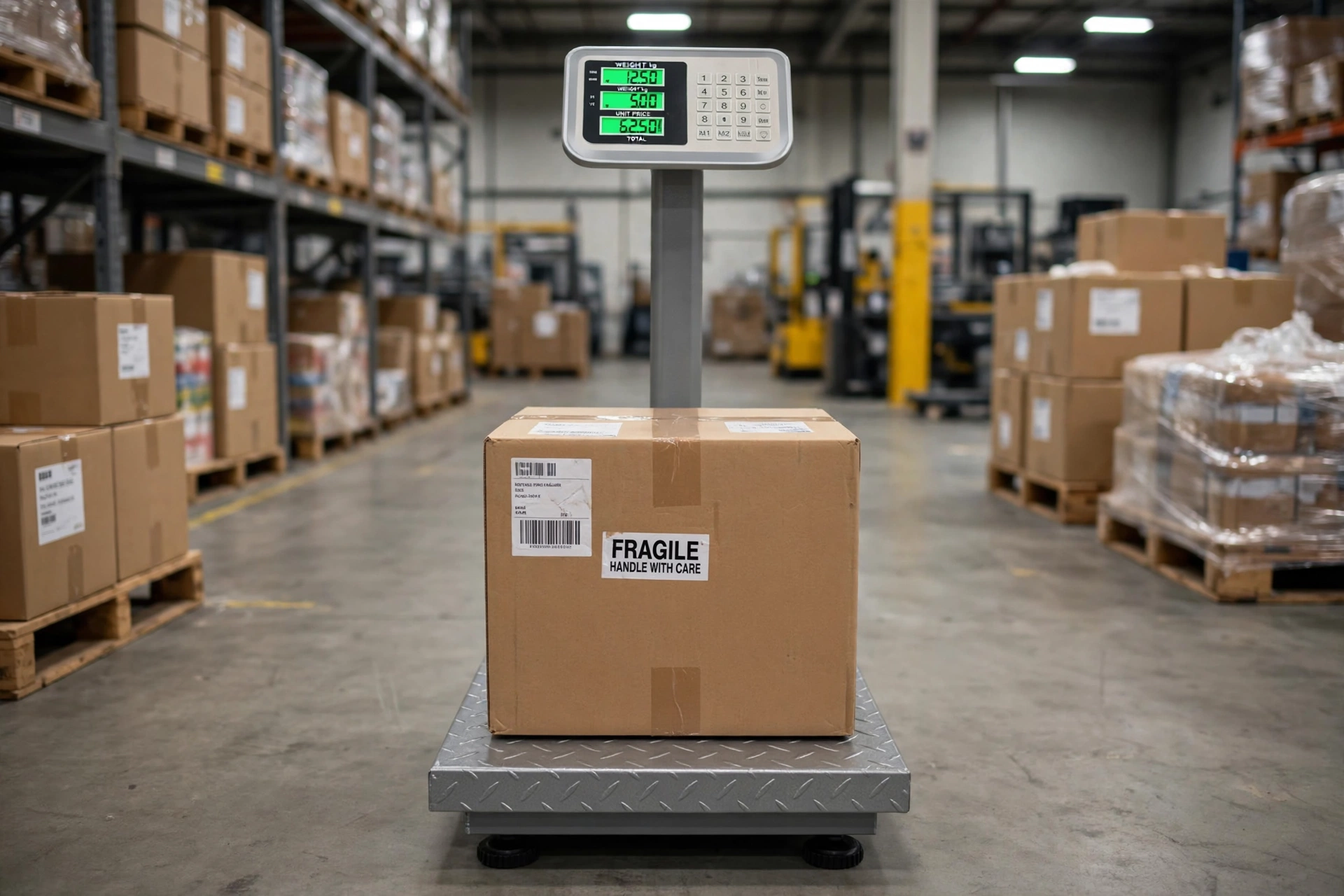 Electronic Industrial Commercial Platform Scale,Stainless Steel High-Definition LCD Display, Digital Floor Heavy Duty, Luggage Package Price Computing Postal Shipping Mailing 13 A fragile shipping box placed on a gray color commercial platform scale inside an industrial warehouse with pallets and storage racks