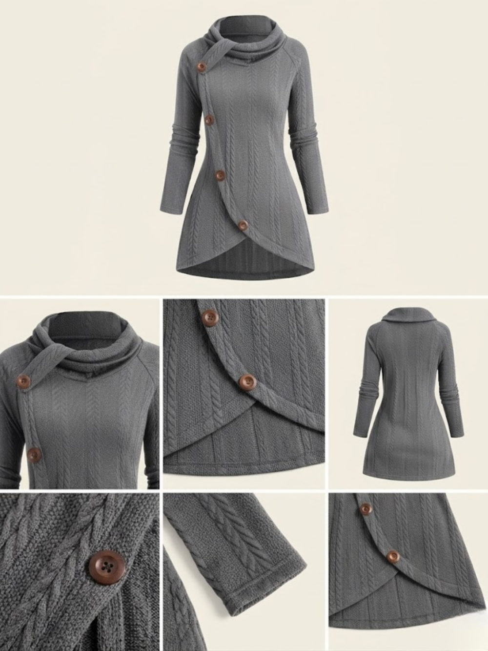 useful Sophisticated Decorative Buttoned Long Sleeve Top | Modern High Neck Knit for Business Casual 14 Close-up of the asymmetrical high-neck collar with a signature crossover strap and large wood-textured decorative button on gray fabric.