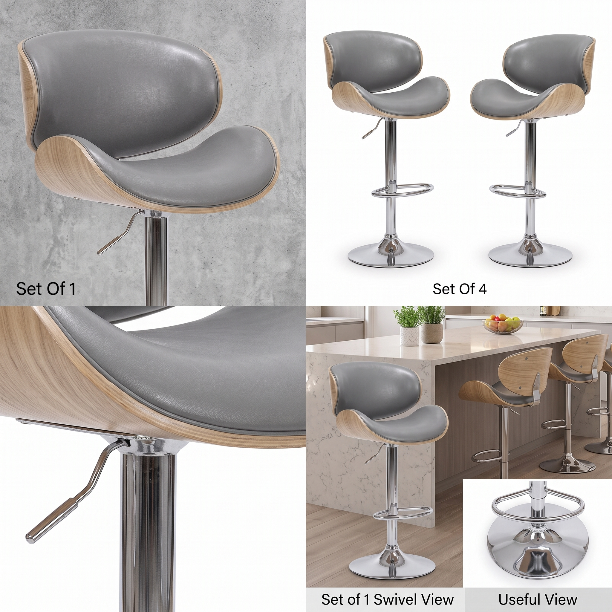 useful Swivel Bar Stools Set Of 2 Seat, Set Of 1 And 4 Seat, Adjustable Height 24.5-33.5in, Wooden Barstools PU Leather Upholstered Bar Chairs with Back & Footrest for Bar Kitchen Dining Room 27 A multi section feature collage for the gray color bar stools set of 1 and 2 seat line showcasing macro close ups of the gray leather seating the adjustment lever details a grouped layout at a marble island and a zoom view of the chrome base ring