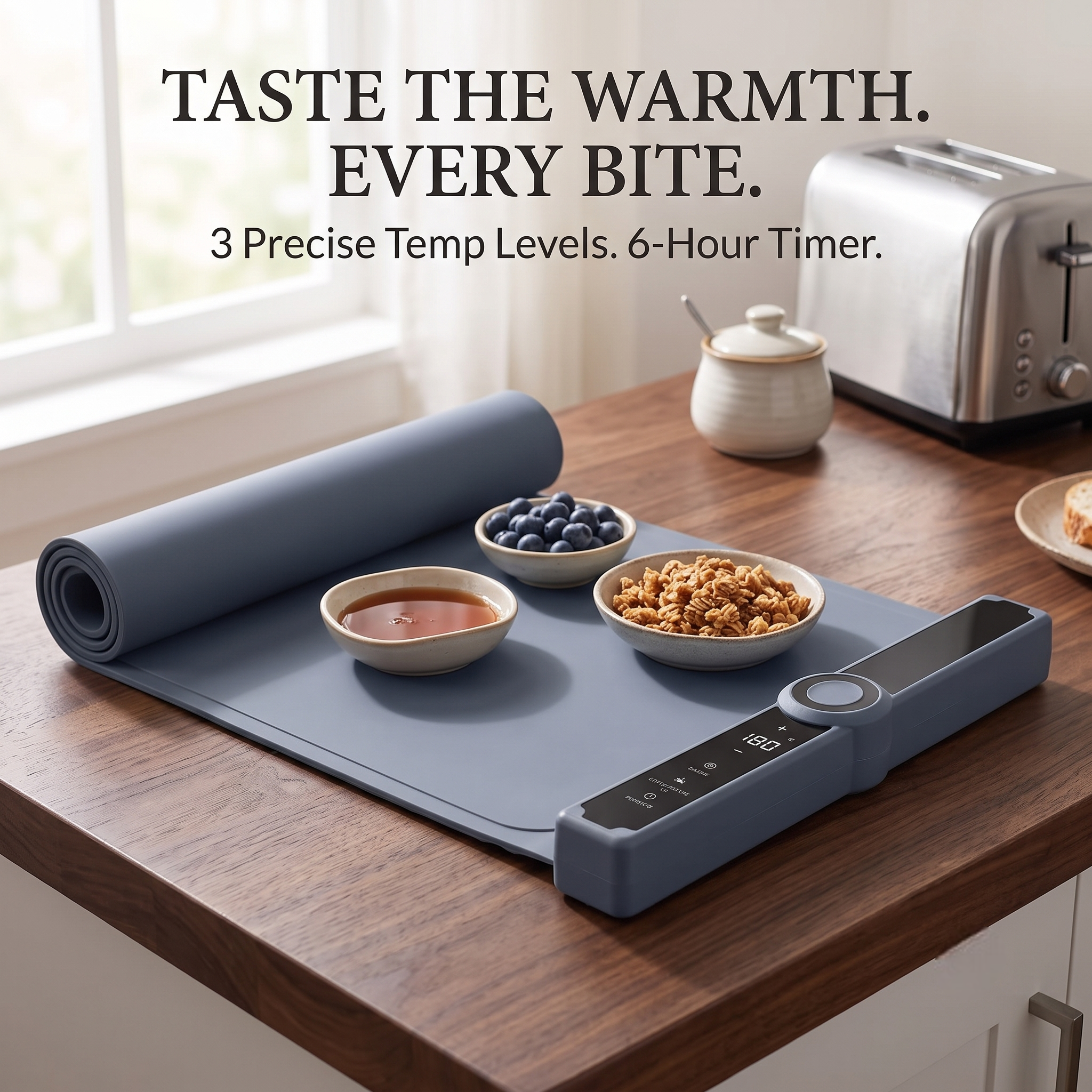 Food Warming Pad Made Of Silicone, with 3 Temperature Levels And 6-hour Timing Function, Electric Heating Pad with Full Surface Rapid Heating Function, Foldable Food Warming Tray for Buffet Party Kitchen Countertop 2 A grayish-blue Food Warming Pad Made Of Silicone spread out on a wooden kitchen counter, keeping breakfast bowls of blueberries and granola warm.