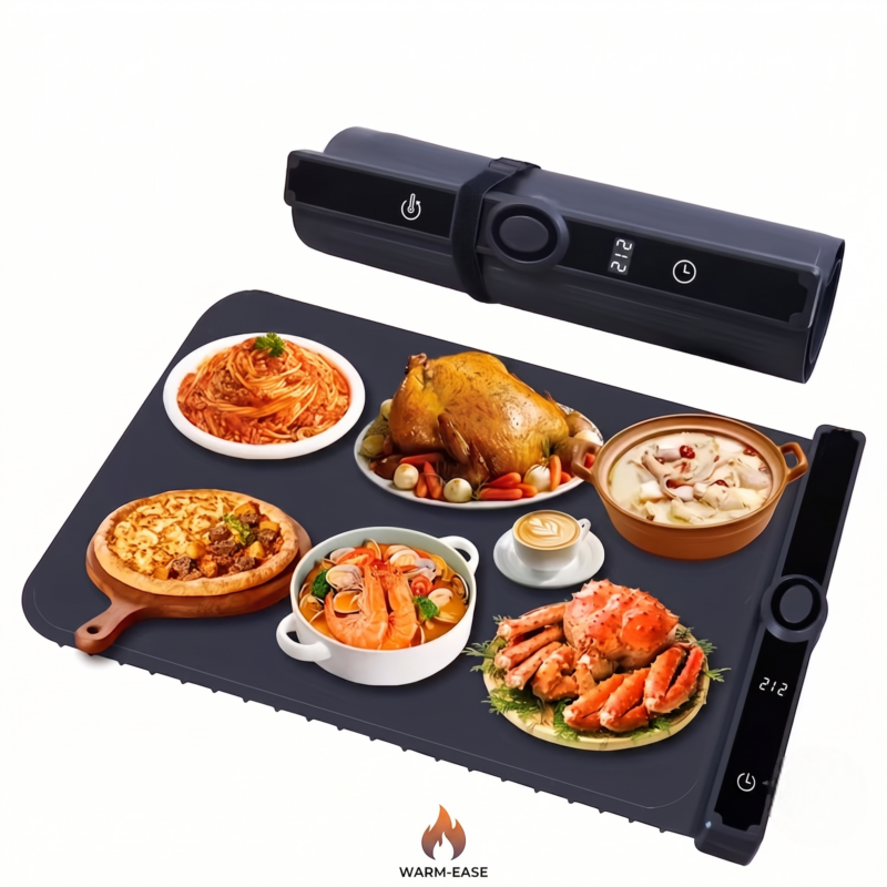 Front view of a dark grayish-blue Food Warming Pad Made Of Silicone on a clean white background, showcasing a rolled-up storage state and an unrolled surface filled with party dishes.