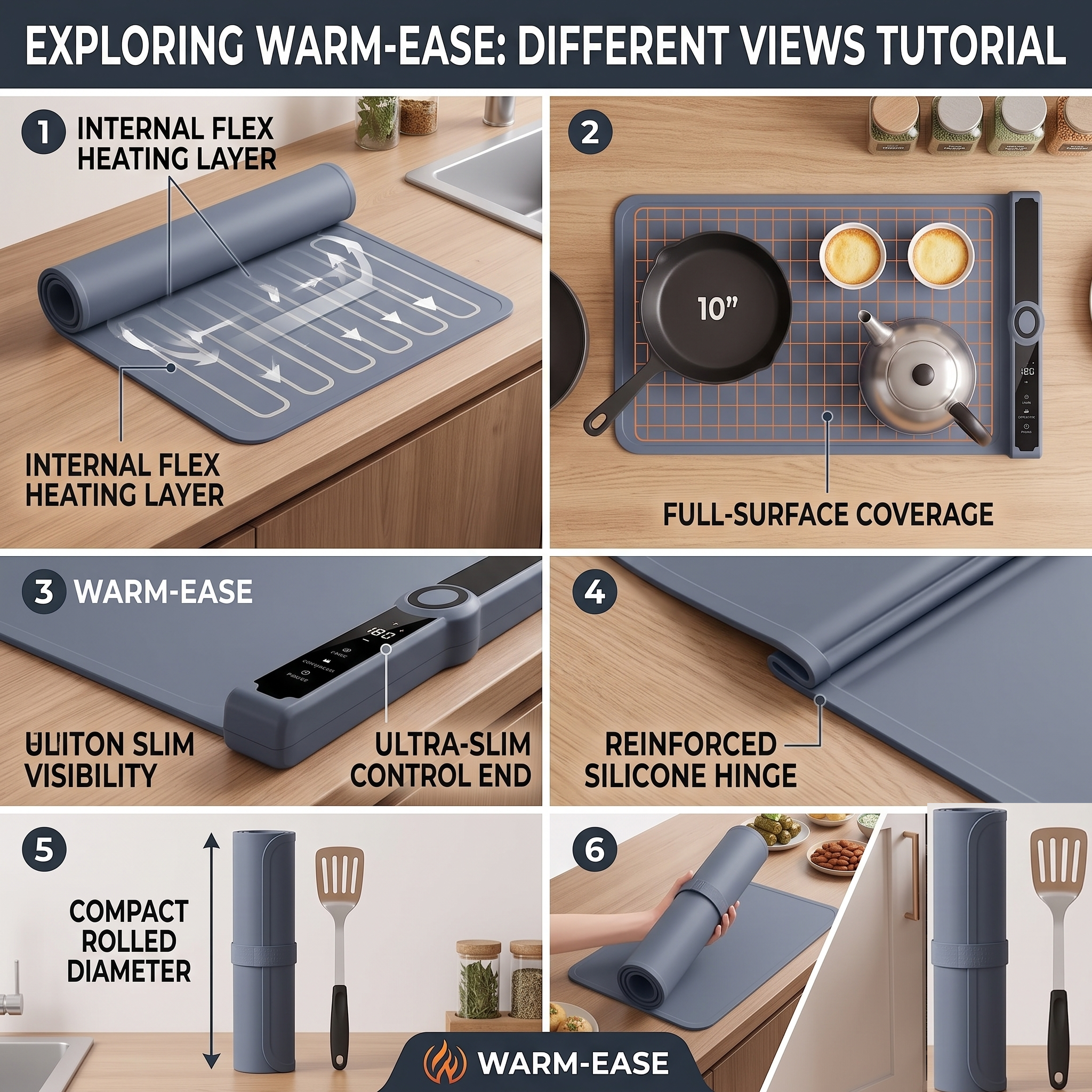 Food Warming Pad Made Of Silicone, with 3 Temperature Levels And 6-hour Timing Function, Electric Heating Pad with Full Surface Rapid Heating Function, Foldable Food Warming Tray for Buffet Party Kitchen Countertop 4 A 6-panel technical infographic breakdown of a grayish-blue Food Warming Pad Made Of Silicone, highlighting its internal flex heating layers, ultra-slim control end, and compact rolled diameter.