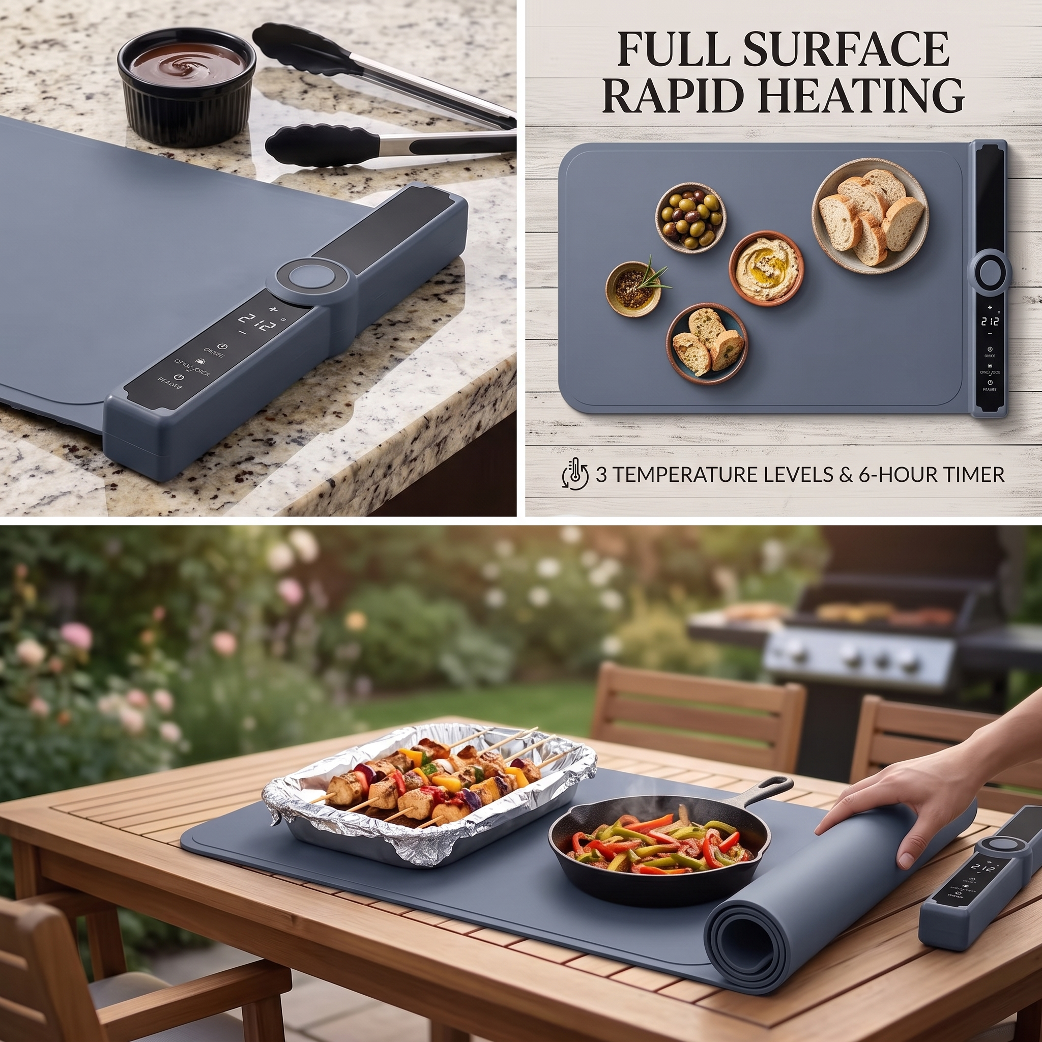 Food Warming Pad Made Of Silicone, with 3 Temperature Levels And 6-hour Timing Function, Electric Heating Pad with Full Surface Rapid Heating Function, Foldable Food Warming Tray for Buffet Party Kitchen Countertop 5 A multi-photo layout showing a Food Warming Pad Made Of Silicone on an indoor kitchen marble countertop and an outdoor wooden patio dining table holding grilled skewers.
