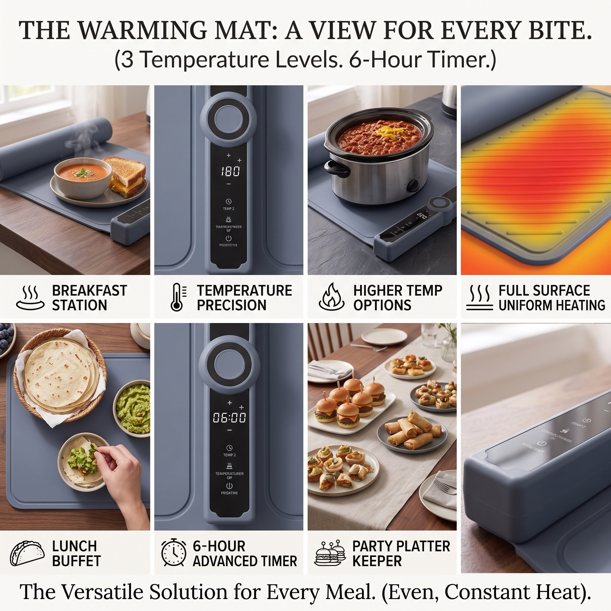 Food Warming Pad Made Of Silicone, with 3 Temperature Levels And 6-hour Timing Function, Electric Heating Pad with Full Surface Rapid Heating Function, Foldable Food Warming Tray for Buffet Party Kitchen Countertop 11 An 8-grid infographic showcasing a Food Warming Pad Made Of Silicone used as a breakfast station, lunch buffet, and party platter keeper, detailing its 6-hour advanced timer.