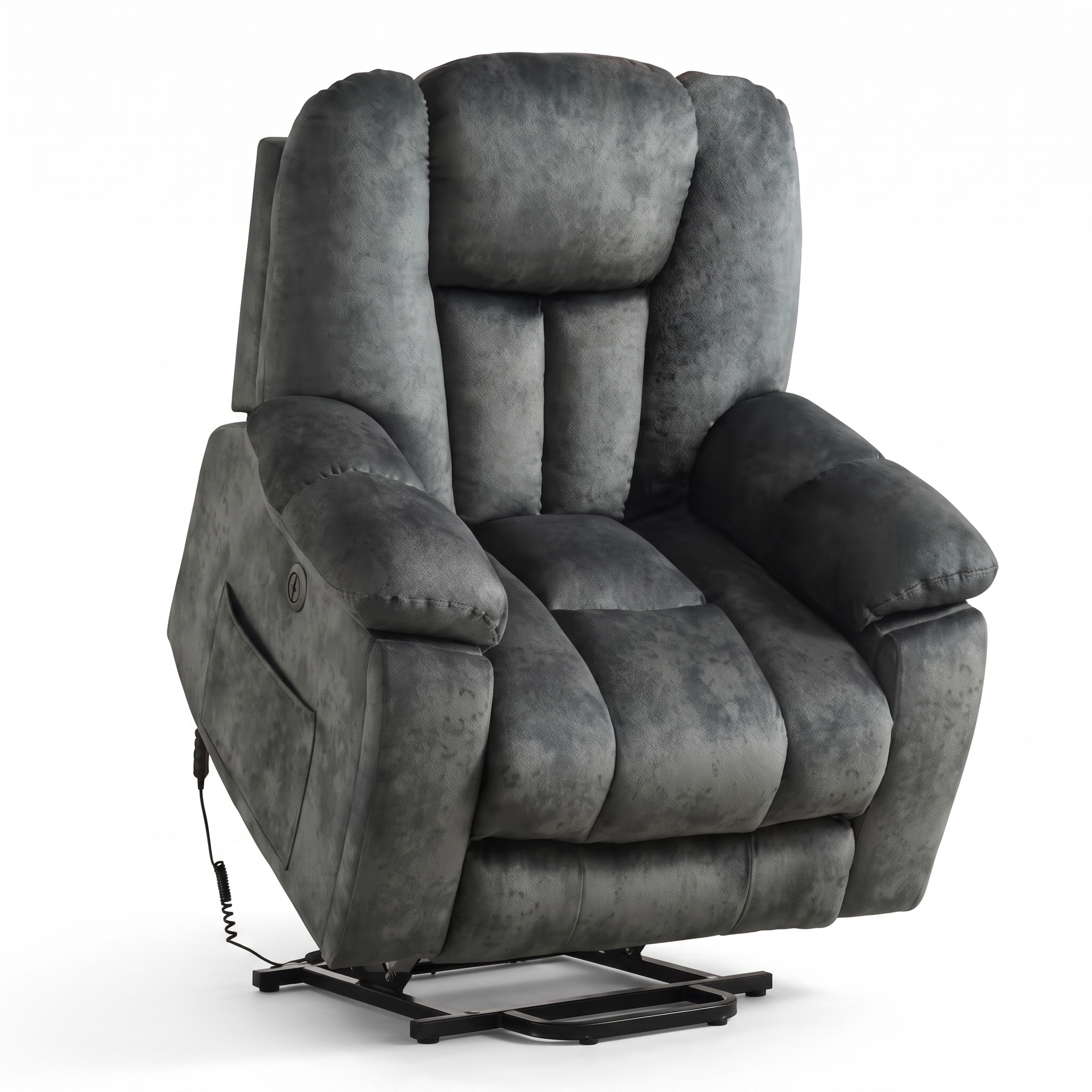 Elderly Power Lift Recliner Chair with Massage & Heat - Oversized Wide Overstuffed Seat, Heavy Duty Safety Reclining Mechanism, USB Ports & 2 Hidden Cup Holders 10 A professional studio photograph of a plush overstuffed grayish green color Power Lift Recliner Chair with Massage showcased against a solid white background in its standard upright position.