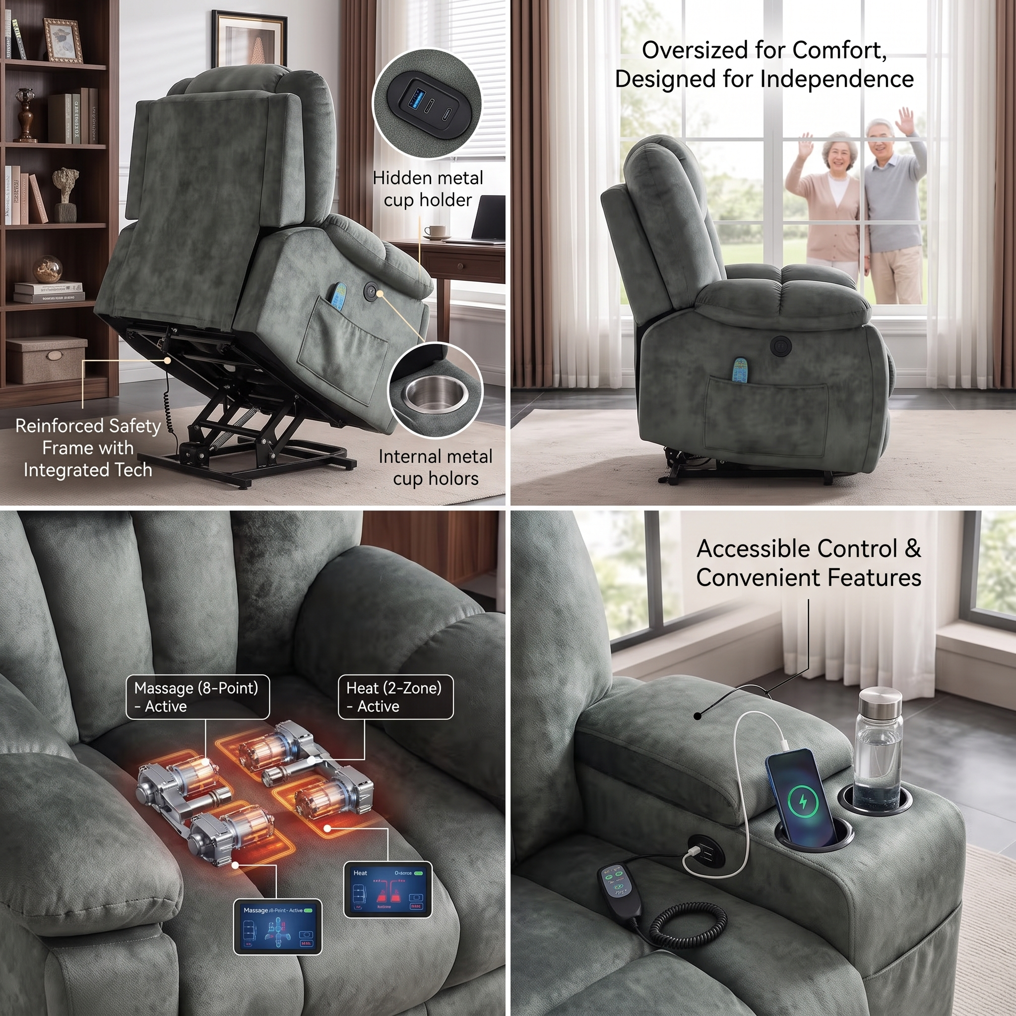 Elderly Power Lift Recliner Chair with Massage & Heat - Oversized Wide Overstuffed Seat, Heavy Duty Safety Reclining Mechanism, USB Ports & 2 Hidden Cup Holders 17 A detailed four section layout showing the construction and ease of use options for the grayish green color Power Lift Recliner Chair with Massage featuring a reinforced safety frame, internal metal cup holders, an embedded motor diagram, and a user charging a phone.