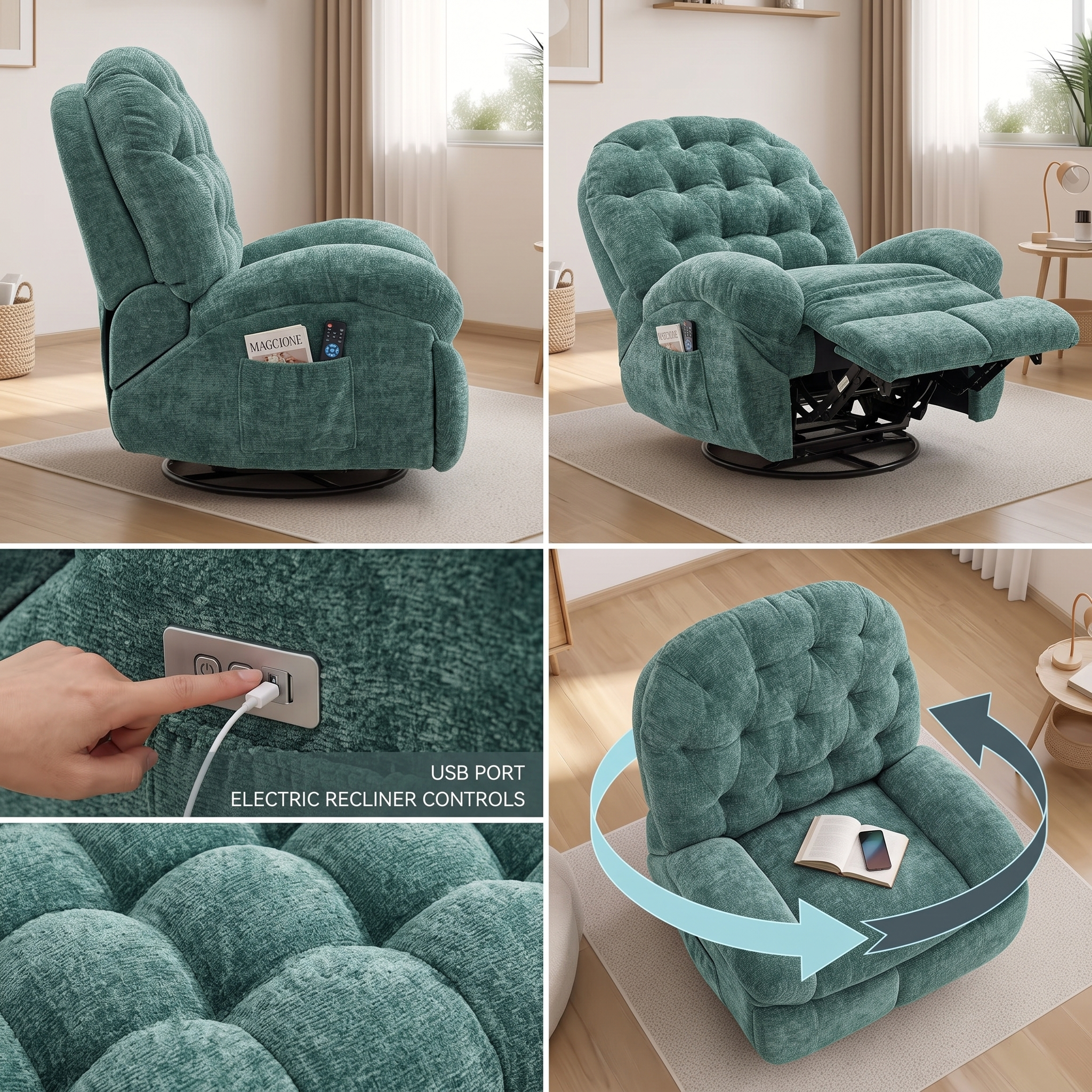 Oversized Swivel Recliner Chair, Adult Electric Recliner with USB Port And Side Pocket Storage, Comfortable Soft Shell Rocking Chair, Large Chenille Recliner Suitable for The Living Room 13 A 4-panel composite product image detailing a green chenille power recliner. The collage includes a side profile view showcasing a book in the pocket, an empty chair fully reclined with an extended leg rest, a hand plugging a phone cord into the armrest USB port, and an overhead perspective with arrows showing a 360-degree rotation range.