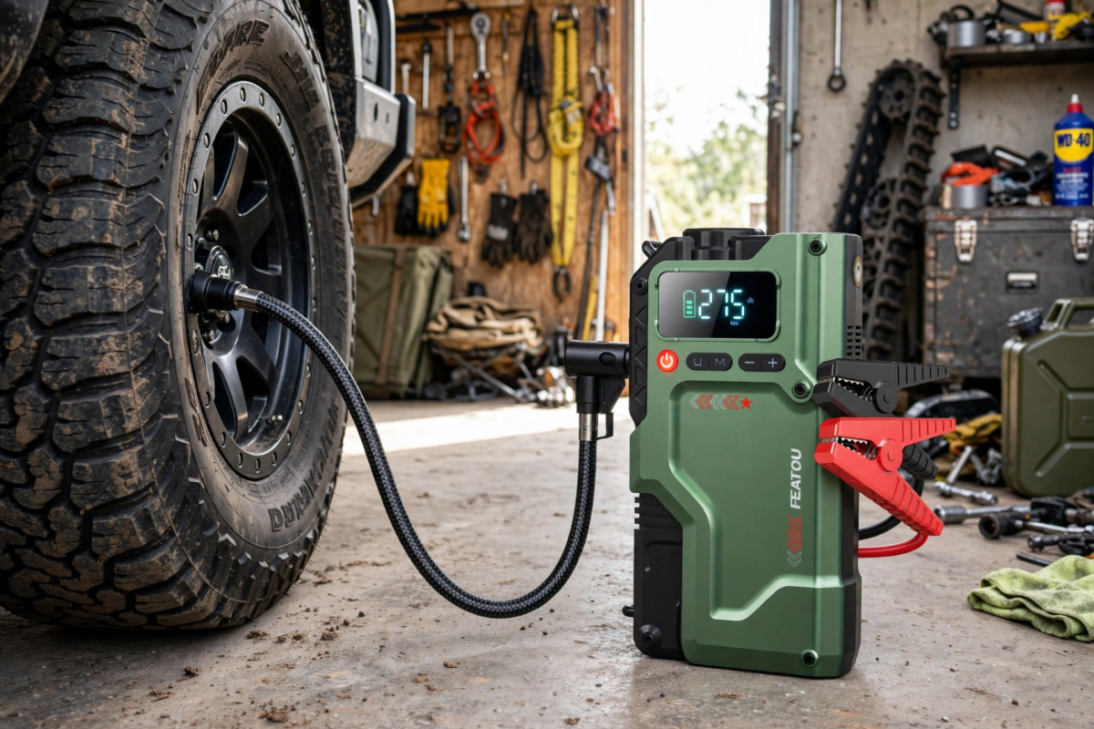 exclusive 6000A Jump Starter with Air Compressor, 7in 1 Function Jump Box 150PSI Jump Starter Battery Pack with Digital Tire Inflator, Car Battery Charger Portable for 2.64gal Gas Or2.38gal Diesel Battery Charger, Car Jumper Starter Portable, 6000A& 8000A 7 The green 6000A Jump Starter with Air Compressor being used to inflate a rugged off-road truck tire in a garage workspace.