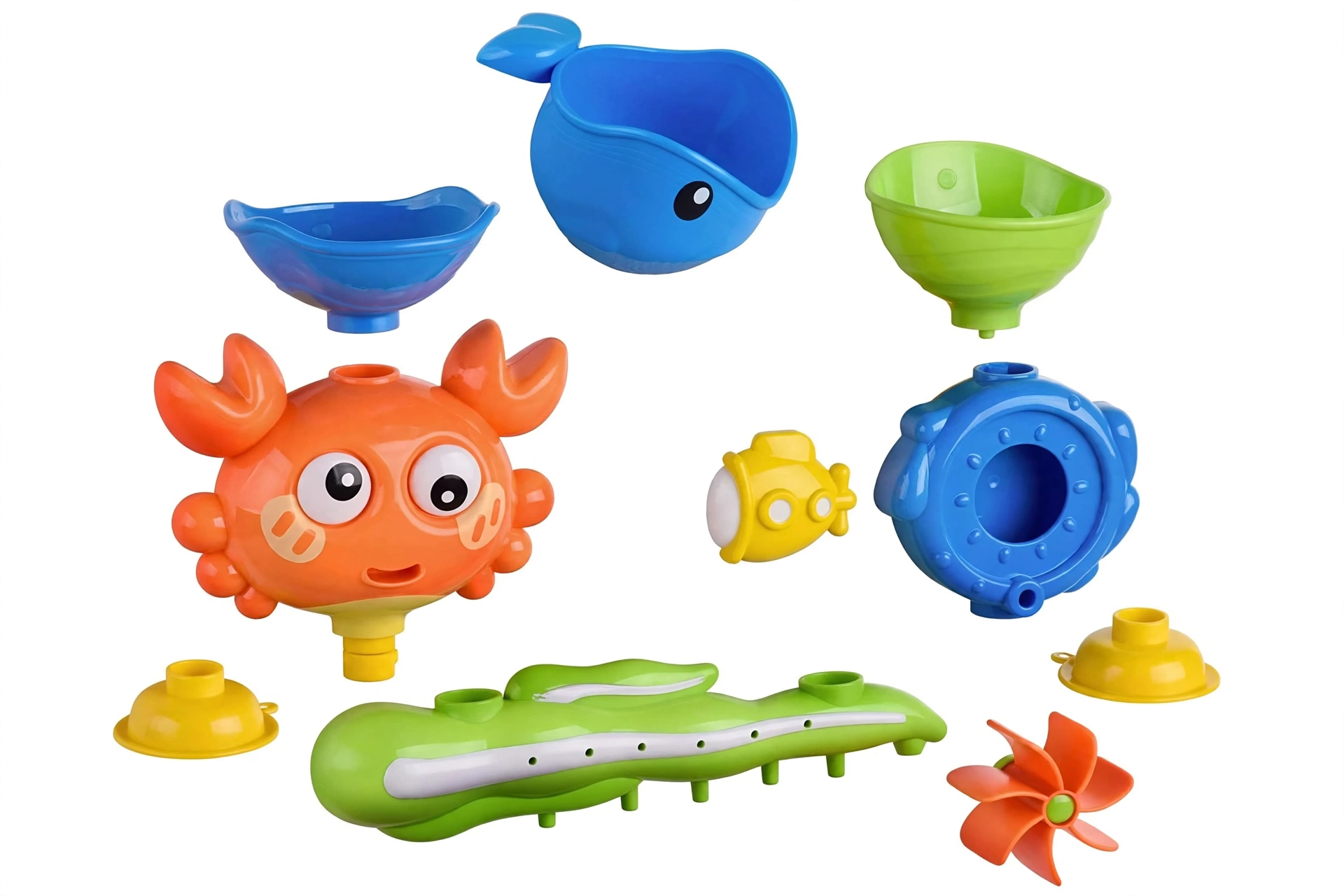 Interactive Suction Cup Bath Toy Set for Youngsters Durable ABS Material, Multi-Color Palette, Enhances Motor Skills & Playfulness 4 A colorful red Interactive Suction Cup Bath Toy Set featuring a teal whale cup and spinning wheels