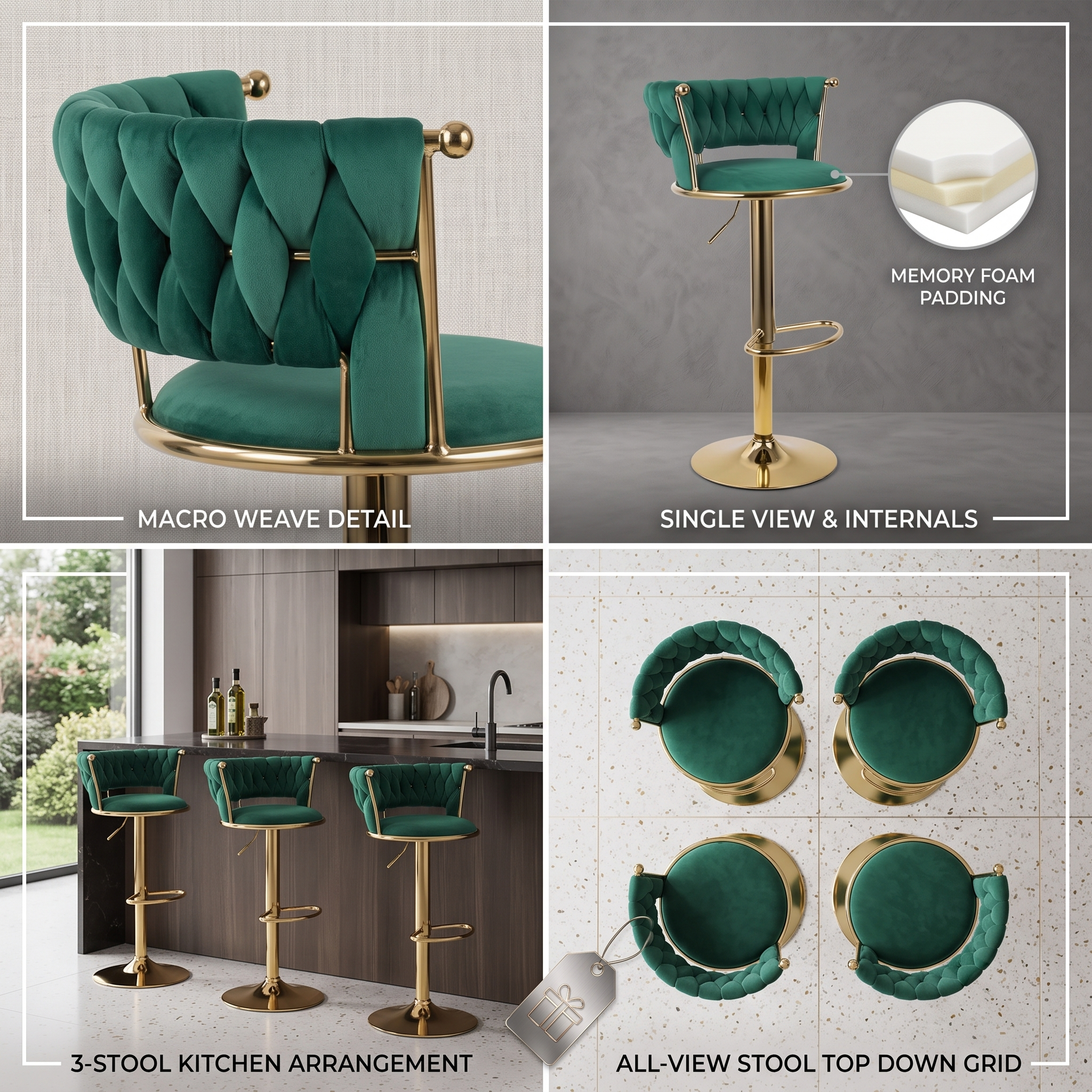 2pcs/4pcs Modern Swivel Woven Velvet Bar Stools, Stool, 360° Swivel Adjustable Height Bar Stool with Backs Golden Metal Tall Bar Stools Counter Height for Kitchen Island, for Christmas, Festival, New Year'S Gift 18 A 4-panel collage showcasing green color Swivel Woven Velvet Bar Stools including a macro weave detail, single view showing internal memory foam layers, a 3-stool modern kitchen arrangement, and an all-view top-down grid.