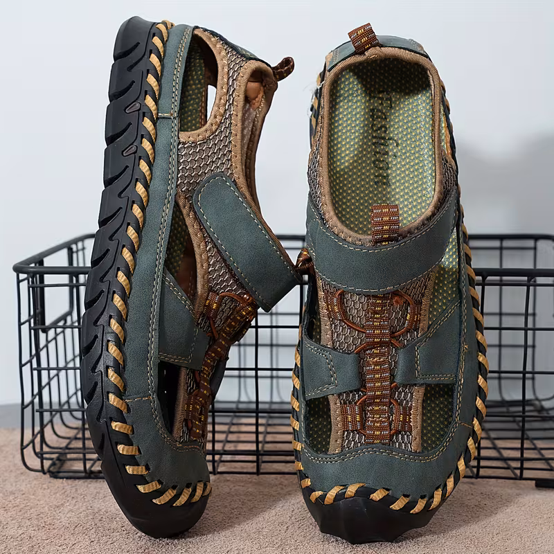 All-Terrain Casual Sports Sandals: Solid Color, Slip-Resistant Rubber Sole & Breathable Fiber Upper 15 A full pair of men's deep green color Casual Sports Sandals Solid Color with closed toes, leather straps, mesh panels, and multi-terrain rubber soles, shown in a professional studio product shot.