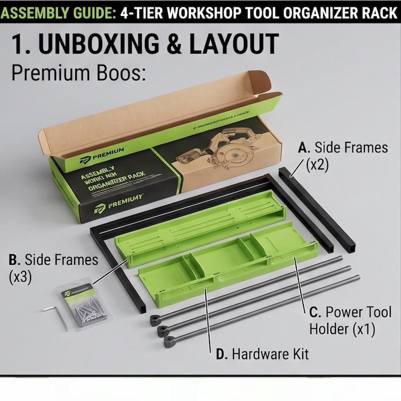 Wall-Mounted Electric Tool Organizer, 4-Tier Wireless Tool Storage with 8 Drill Bit Holders, Practical Garage Rack, Gift for Men, Boyfriends, Husbands, and Partners - Valentine's Day Gifts, Storage Racks 31 Unboxing layout showing parts of the green Wall-Mounted Electric Tool Organizer including side frames and shelves.