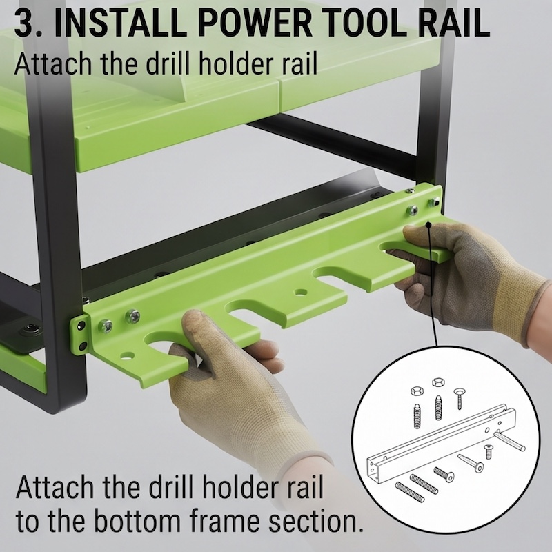 Wall-Mounted Electric Tool Organizer, 4-Tier Wireless Tool Storage with 8 Drill Bit Holders, Practical Garage Rack, Gift for Men, Boyfriends, Husbands, and Partners - Valentine's Day Gifts, Storage Racks 33 Hands installing the drill holder rail onto the bottom section of a green Wall-Mounted Electric Tool Organizer.