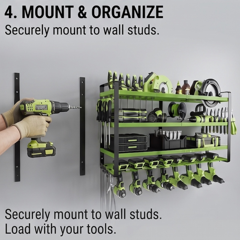 Wall-Mounted Electric Tool Organizer, 4-Tier Wireless Tool Storage with 8 Drill Bit Holders, Practical Garage Rack, Gift for Men, Boyfriends, Husbands, and Partners - Valentine's Day Gifts, Storage Racks 34 Mounting a green Wall-Mounted Electric Tool Organizer onto wall studs using a power drill.