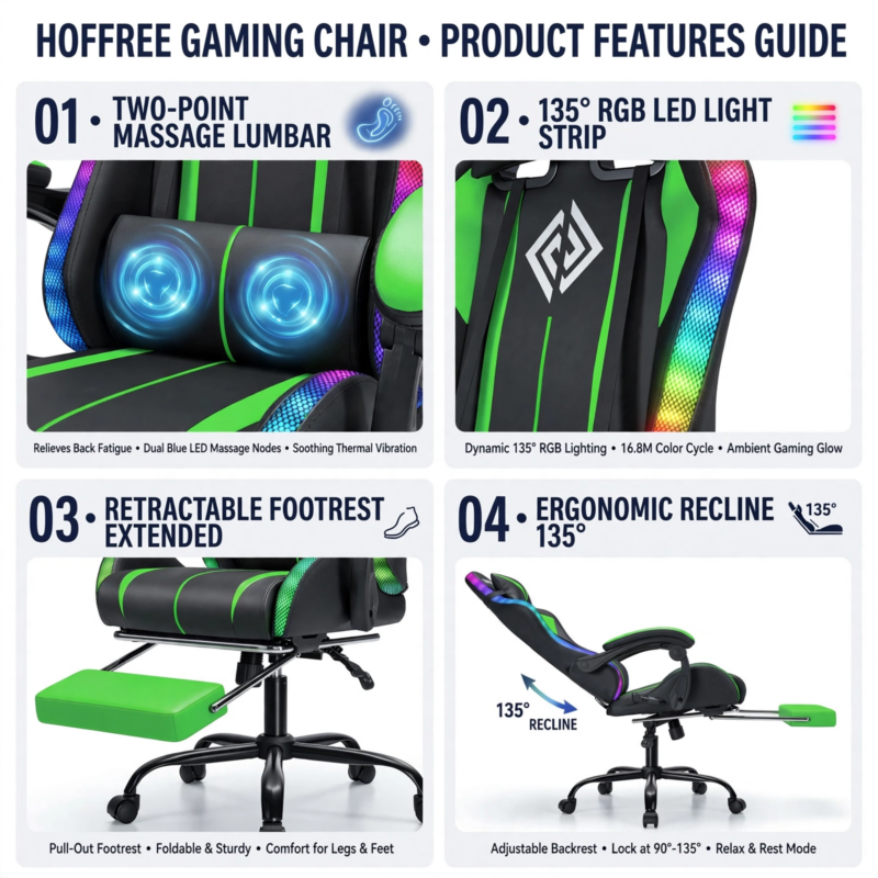 New Model 1.2 Two-Point Massage Lumbar with 135-Degree LED Light Strip 4 Four-panel product feature guide for the green and black Hoffree gaming chair, emphasizing the 1.2 Two-Point Massage Lumbar, RGB lights, and footrest.