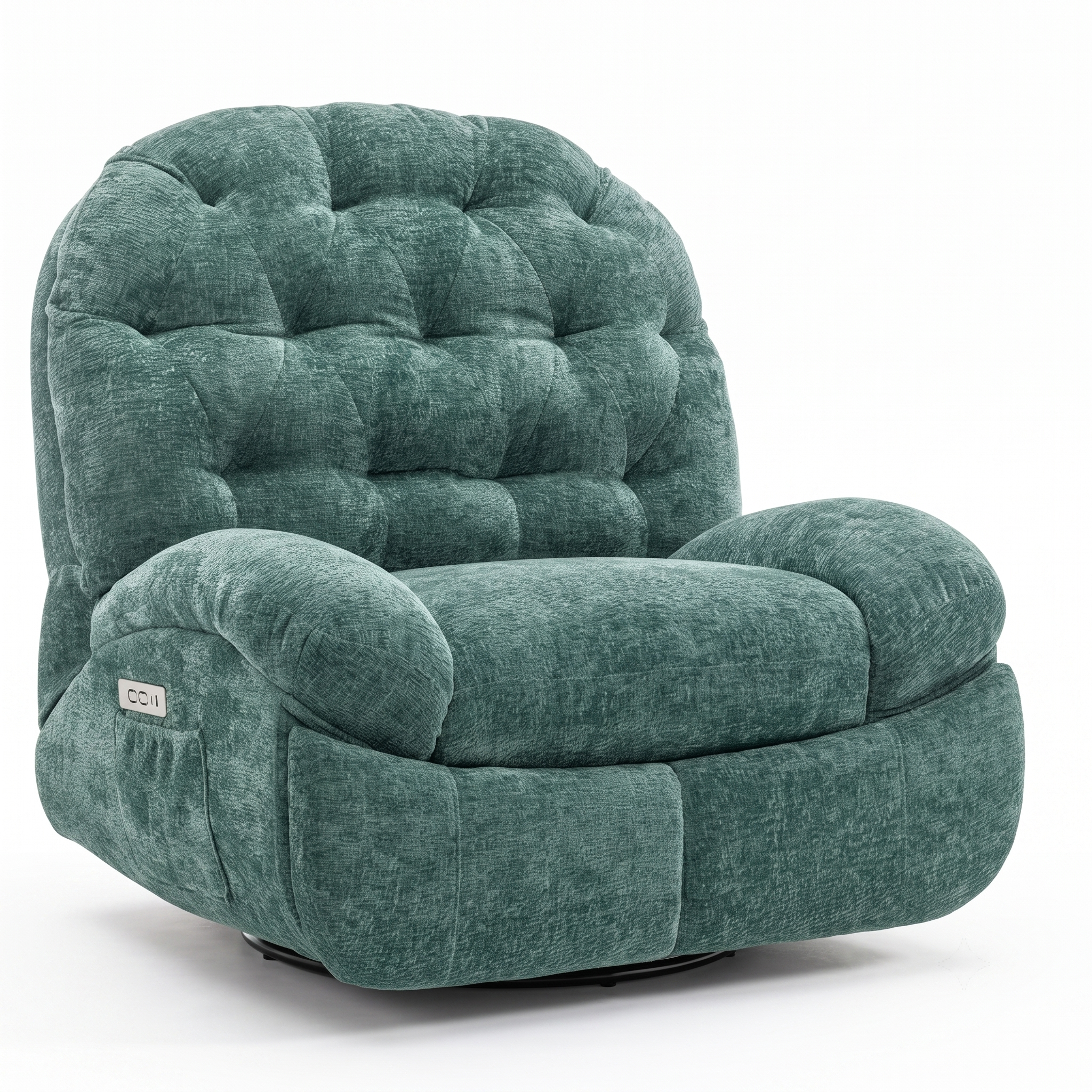 Oversized Swivel Recliner Chair, Adult Electric Recliner with USB Port And Side Pocket Storage, Comfortable Soft Shell Rocking Chair, Large Chenille Recliner Suitable for The Living Room 14 A professional studio product photograph of a large overstuffed power recliner chair upholstered in green chenille fabric, isolated perfectly against a crisp, solid white background. The image clearly highlights its deep button-tufted backrest, plush thick armrests, and clean base setup.