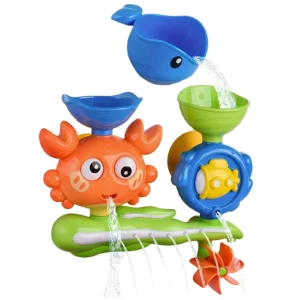 Close up of an orange crab from the Interactive Suction Cup Bath Toy Set spitting a rainbow stream of water