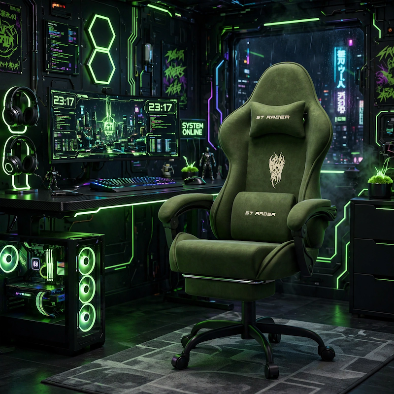 comfortable STRACER Velvet Upholstered Gaming Chair Featuring a Footrest, High Back Design, Ergonomic Support for Gamers, Includes Headrest And Massage Lumbar Pillow, Racing Style Reclining Video Game Chair 14 A futuristic, neon-lit cyberpunk gaming room with a large monitor displaying a digital city, featuring a green color Velvet Upholstered Gaming Chair in the foreground.