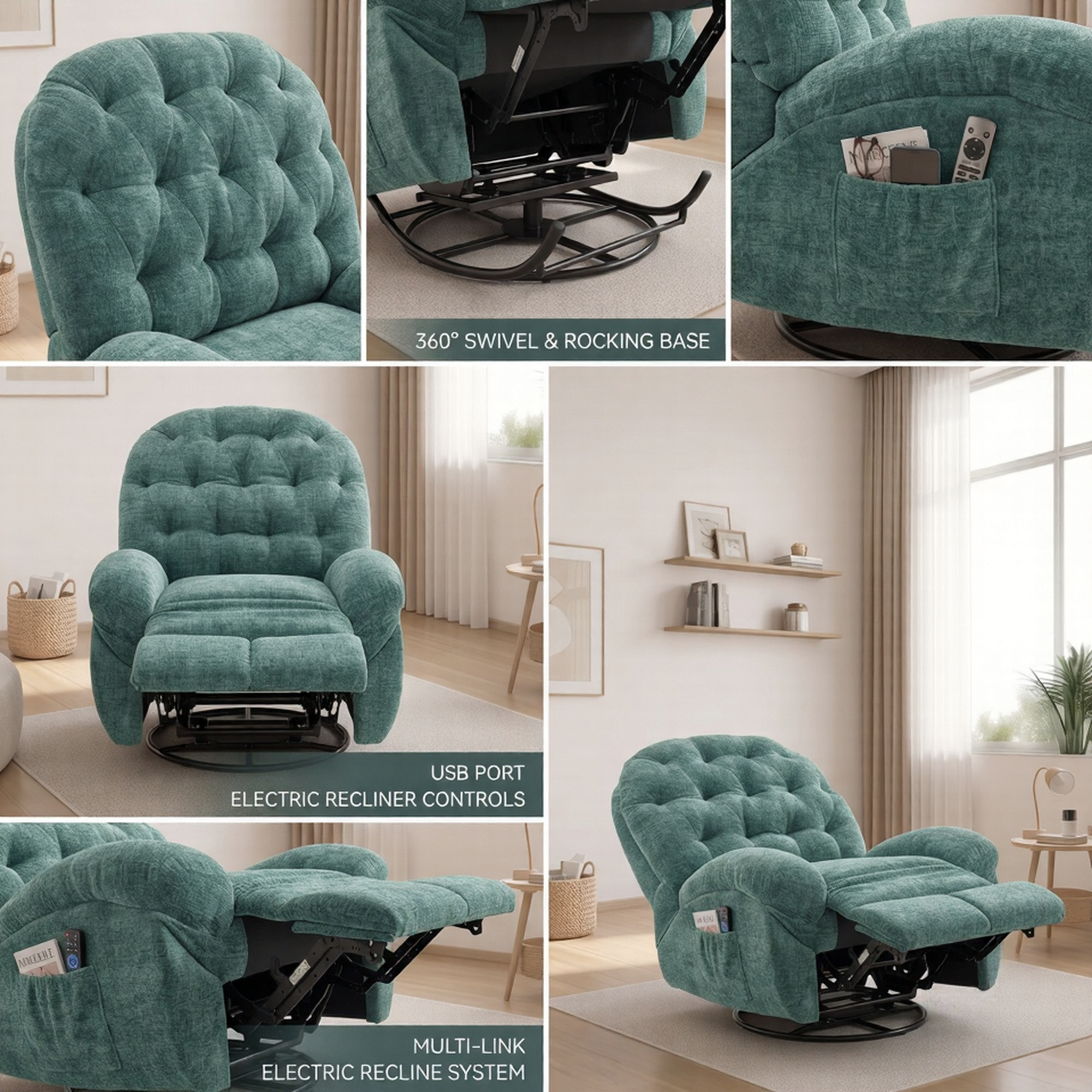 Oversized Swivel Recliner Chair, Adult Electric Recliner with USB Port And Side Pocket Storage, Comfortable Soft Shell Rocking Chair, Large Chenille Recliner Suitable for The Living Room 24 A 6-panel technical feature collage displaying a green overstuffed electric recliner chair. The panels showcase a texture close-up of the tufted material, a detailed view under the chair highlighting the 360-degree swivel and rocking base mechanism, a remote control resting in the deep side pocket, and multiple living room lifestyle angles highlighting the multi-link recline system.
