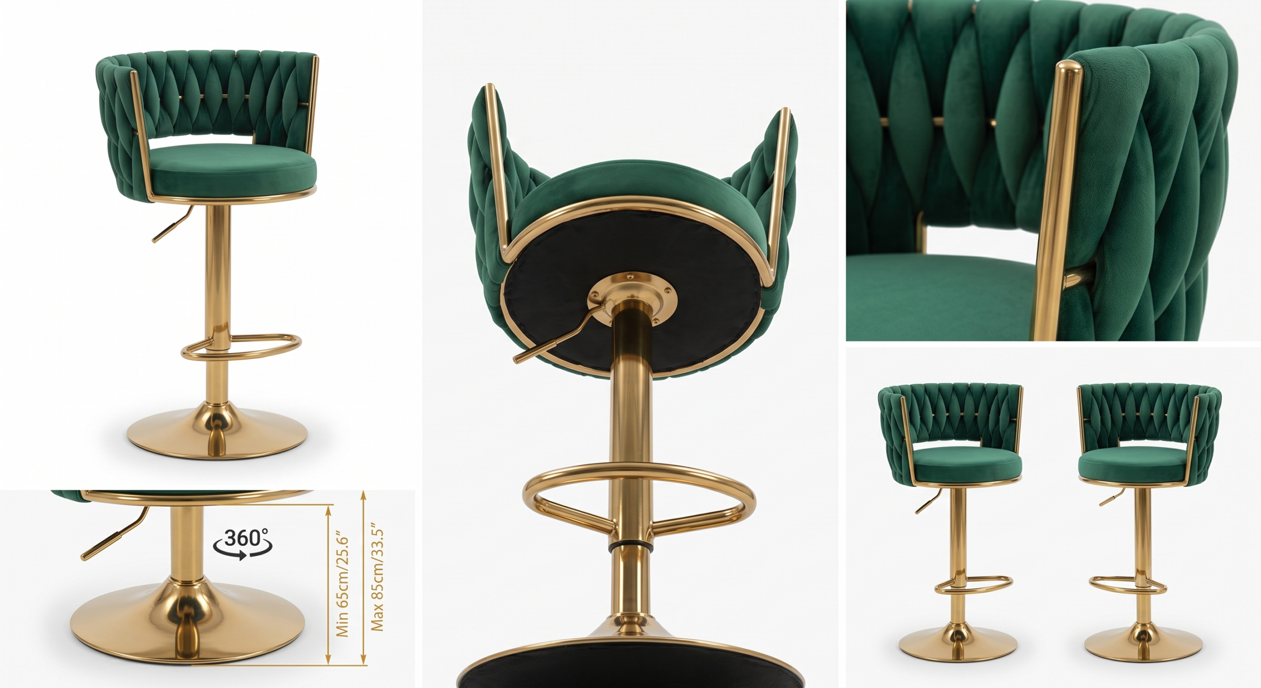 2pcs/4pcs Modern Swivel Woven Velvet Bar Stools, Stool, 360° Swivel Adjustable Height Bar Stool with Backs Golden Metal Tall Bar Stools Counter Height for Kitchen Island, for Christmas, Festival, New Year'S Gift 15 A multi-panel product graphic showing the front view, rear view, fabric detail, and under-seat construction of green color Swivel Woven Velvet Bar Stools with height adjustments ranging from 65cm to 85cm.