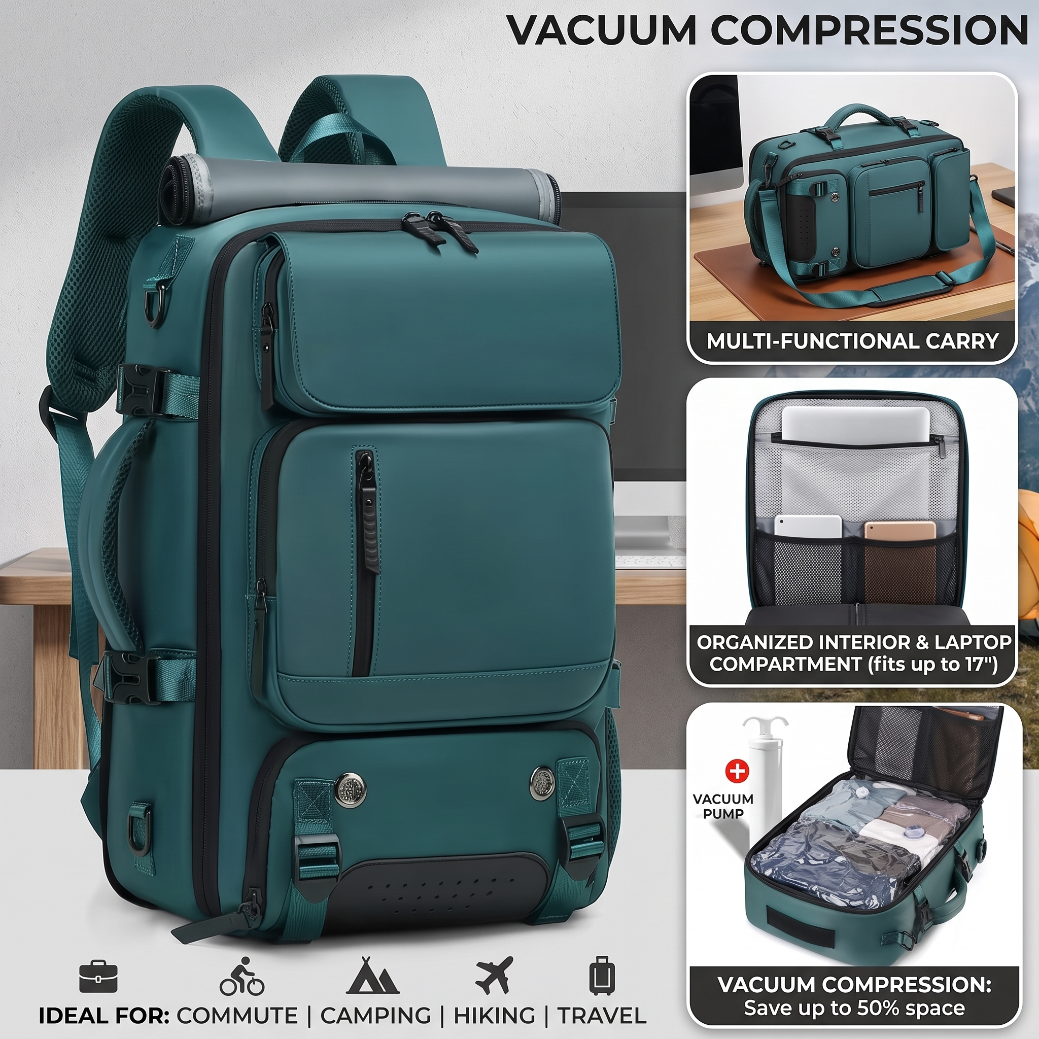 reliable Business Men'S Vacuum Compression Backpack | Multi-functional Shoulder/Handbag, Laptop Compartment, Includes Pump, Ideal for Camping, Hiking, Daily Commute, Foldable, Lightweight, Peacock 11 A product infographic showcasing a teal green color Business Men'S Vacuum Compression Backpack against a studio background. The main image shows the upright backpack with text indicating it is ideal for commute, camping, hiking, and travel. Inset images on the right highlight the multi-functional duffel carry mode, an organized interior fitting laptops up to 17 inches, and the vacuum compression system saving up to 50% space with an included hand pump.