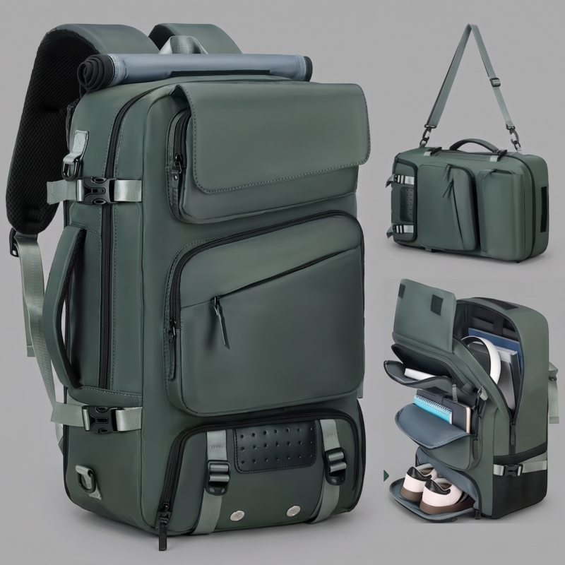 A multi-angle product feature graphic showcasing a green color Large Travel Backpack Travel Backpack over a uniform grey background. The main left panel shows a full frontal view of the backpack. The top right corner shows the bag positioned horizontally as a duffel bag with a long shoulder strap attached, while the bottom right corner highlights the open compartments showing neatly tucked notebooks, headphones, and a dedicated sneaker compartment at the base.