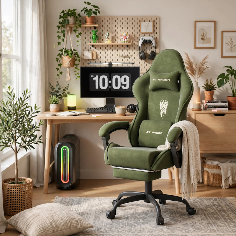 comfortable STRACER Velvet Upholstered Gaming Chair Featuring a Footrest, High Back Design, Ergonomic Support for Gamers, Includes Headrest And Massage Lumbar Pillow, Racing Style Reclining Video Game Chair 15 A bright, plant-filled bohemian-style home office with large windows and a wooden desk, where a green color Velvet Upholstered Gaming Chair is positioned.