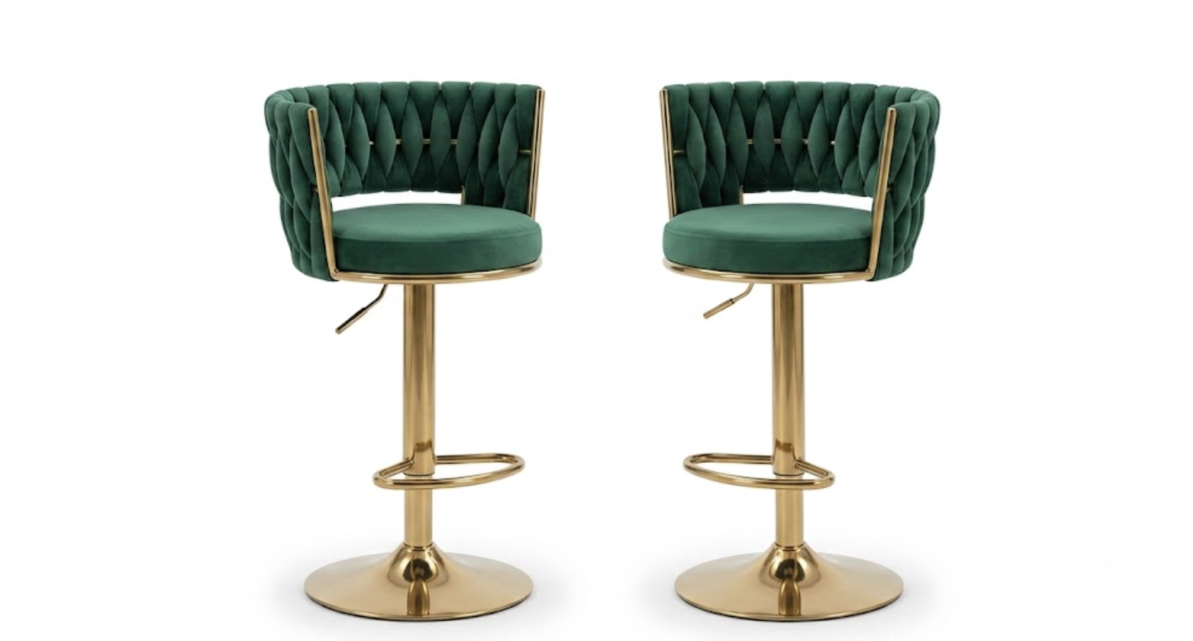 2pcs/4pcs Modern Swivel Woven Velvet Bar Stools, Stool, 360° Swivel Adjustable Height Bar Stool with Backs Golden Metal Tall Bar Stools Counter Height for Kitchen Island, for Christmas, Festival, New Year'S Gift 13 A premium green color set of 2 Swivel Woven Velvet Bar Stools symmetrically lined up against a white background to exhibit the plush basket-weave back panels and sleek gold frame.