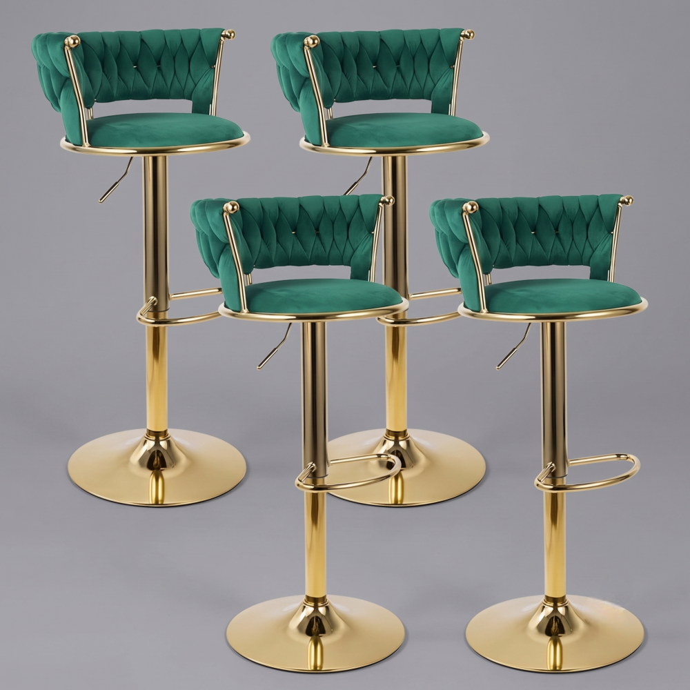 A matching green color set of 4 Swivel Woven Velvet Bar Stools configured neatly over a solid grey background, highlighting the signature woven velvet design and polished gold pedestals.