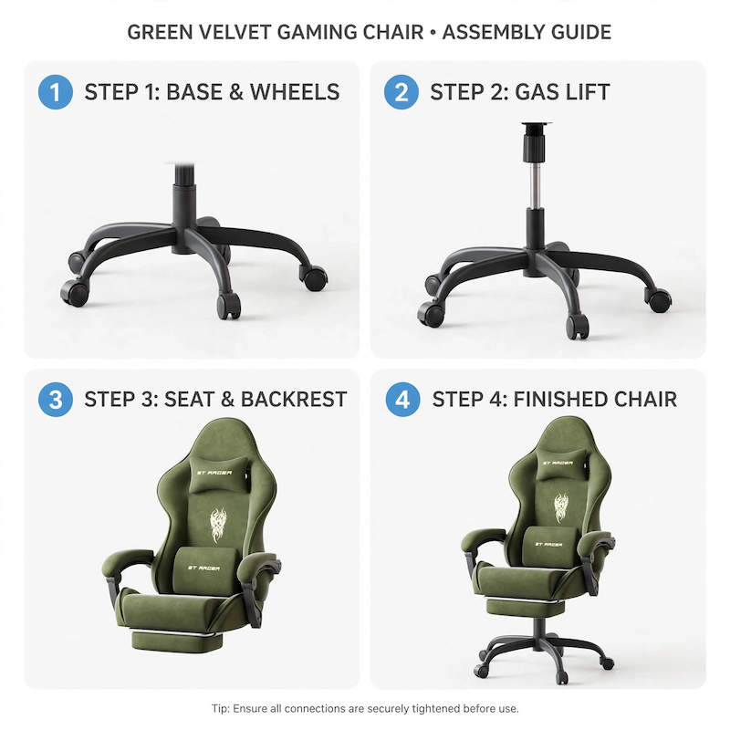 comfortable STRACER Velvet Upholstered Gaming Chair Featuring a Footrest, High Back Design, Ergonomic Support for Gamers, Includes Headrest And Massage Lumbar Pillow, Racing Style Reclining Video Game Chair 20 A visual instruction sheet divided into four numbered panels, demonstrating the assembly sequence for the green color Velvet Upholstered Gaming Chair: base, gas lift, seat attachment, and finished product.