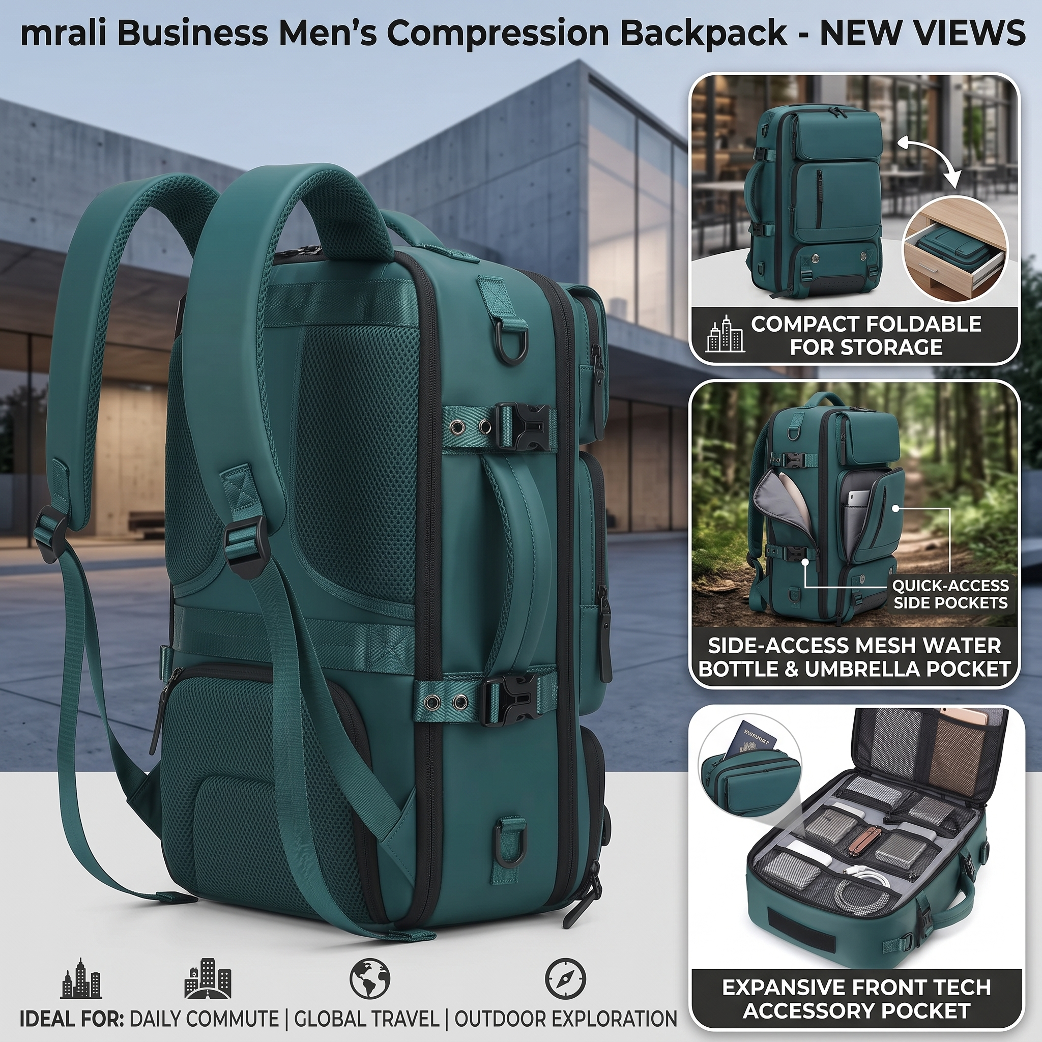 reliable Business Men'S Vacuum Compression Backpack | Multi-functional Shoulder/Handbag, Laptop Compartment, Includes Pump, Ideal for Camping, Hiking, Daily Commute, Foldable, Lightweight, Peacock 10 A back-angle view infographic of a dark teal green color Business Men'S Vacuum Compression Backpack showing ergonomic mesh padding on the shoulder straps and back panel. Side panel closeups detail how it folds down compact for storage, its quick-access side pockets for a water bottle or umbrella, and an expansive front tech accessory organizer pocket containing tech items and a passport.