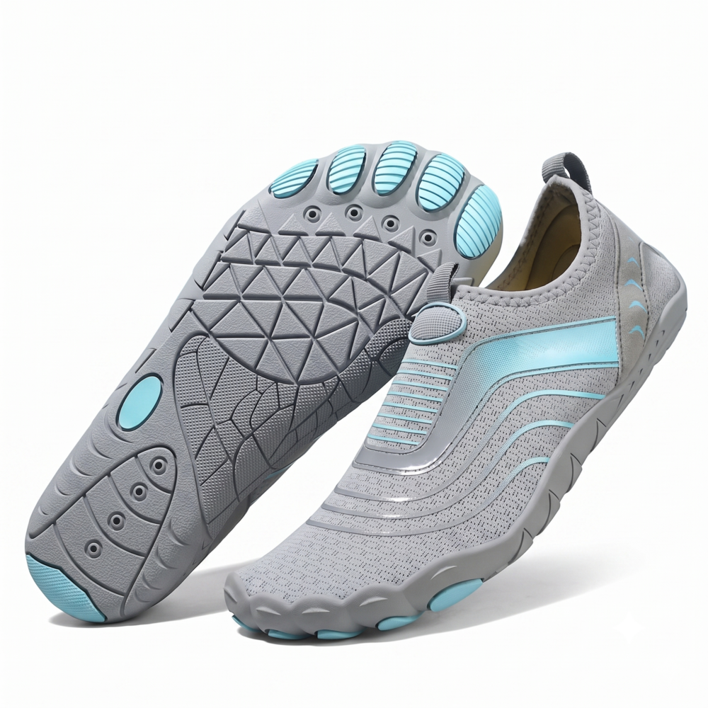 Unisex Quick-Dry Water Shoes, Comfortable and Breathable, Suitable for Fishing, Surfing, Hiking, Wading, Beach Play, and Fitness Squats 11 Studio product presentation of grey color Unisex Quick-Dry Water Shoes, featuring one shoe in an angled profile and another turned over to reveal the light blue multi-toe pods on the rubber sole.