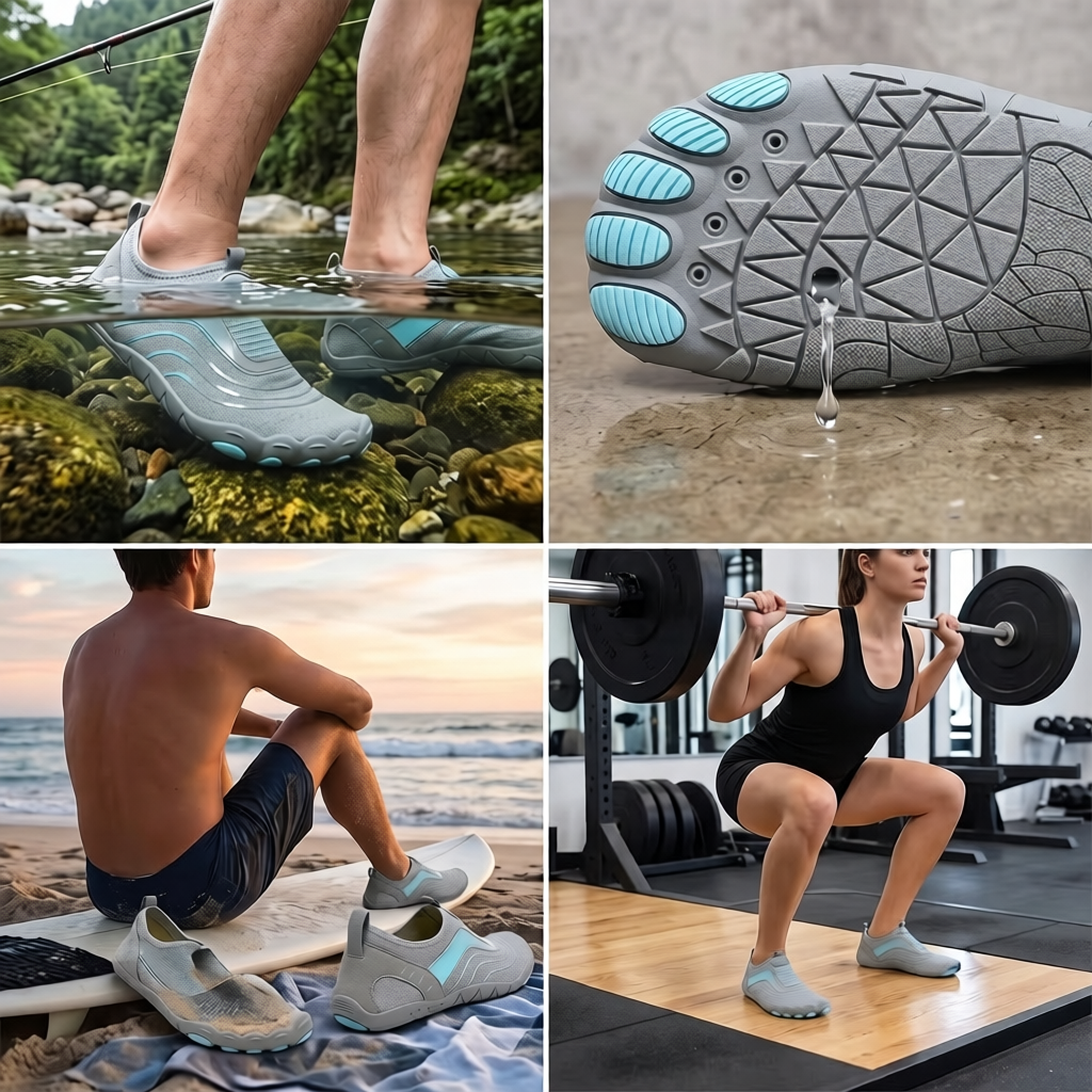 Unisex Quick-Dry Water Shoes, Comfortable and Breathable, Suitable for Fishing, Surfing, Hiking, Wading, Beach Play, and Fitness Squats 12 A four-panel performance collage of grey color Unisex Quick-Dry Water Shoes, showing a person stream wading, a close-up of a drain port releasing water, a surfer on a beach, and a woman executing gym squats.