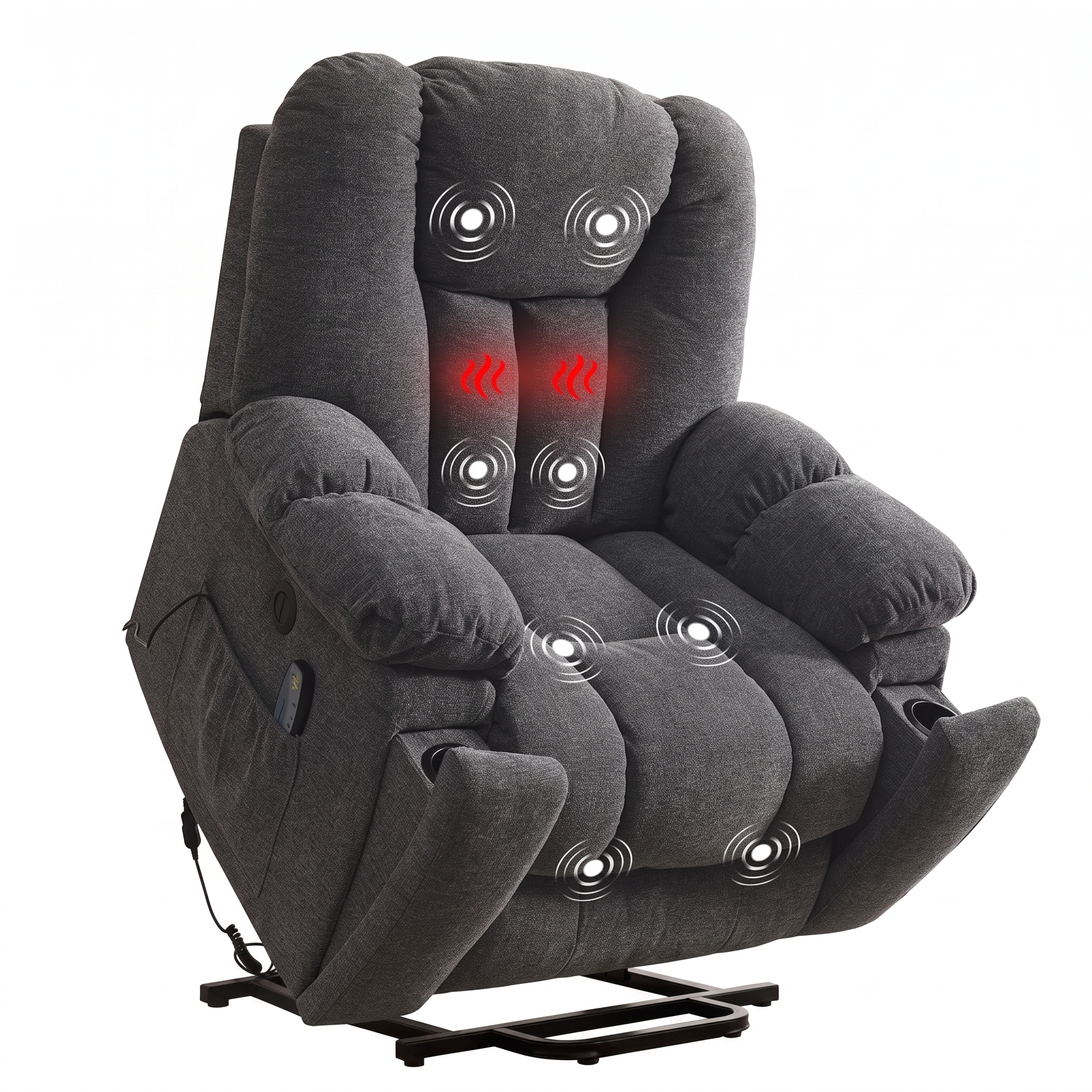 Elderly Power Lift Recliner Chair with Massage & Heat - Oversized Wide Overstuffed Seat, Heavy Duty Safety Reclining Mechanism, USB Ports & 2 Hidden Cup Holders 14 A studio product listing shot of the grey color Power Lift Recliner Chair with Massage isolated against a crisp white background. The chair is shown in an active recline position with white concentric circles mapped across the headrest, mid back, seat cushion, and individual leg supports to represent the vibration massage zones, while two glowing red wavy heat icons highlight the lower back area.