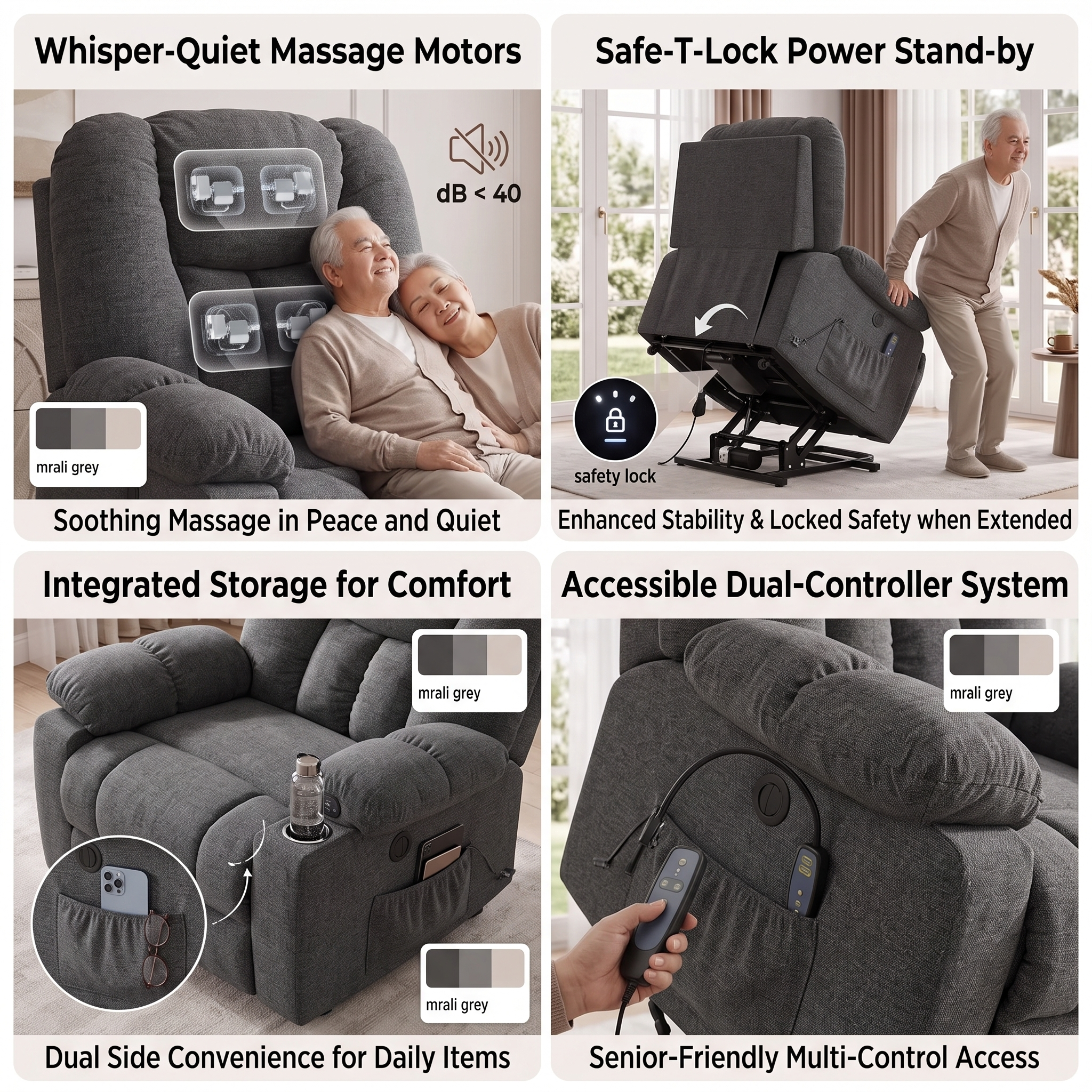 Elderly Power Lift Recliner Chair with Massage & Heat - Oversized Wide Overstuffed Seat, Heavy Duty Safety Reclining Mechanism, USB Ports & 2 Hidden Cup Holders 15 A four panel product infographic explaining the daily features of the grey color Power Lift Recliner Chair with Massage. The panels depict a senior couple resting against whisper quiet massage motors, an older man safely standing up using the safe lock power lift system, built in side storage pockets holding essentials, and a close up of the senior friendly multi control handheld remote options.