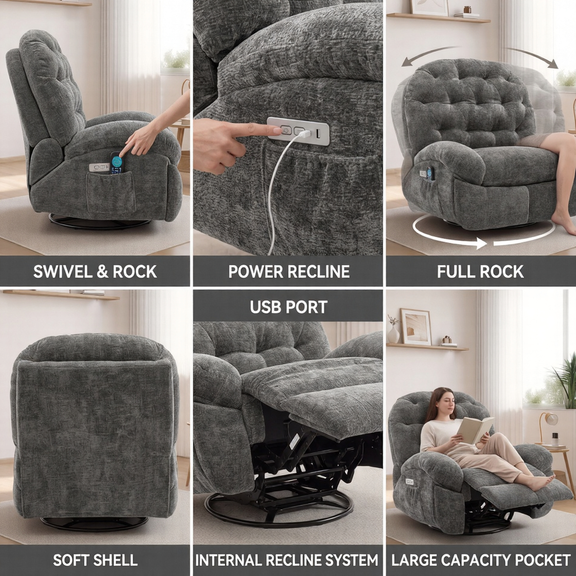 Oversized Swivel Recliner Chair, Adult Electric Recliner with USB Port And Side Pocket Storage, Comfortable Soft Shell Rocking Chair, Large Chenille Recliner Suitable for The Living Room 16 A 6-panel composite infographic collage displaying various features of a grey chenille power recliner. The panels include labeled close-ups: "SWIVEL & ROCK" showing the side pocket, "POWER RECLINE" indicating the button ports, "FULL ROCK" illustrating user movement, a square view of the "SOFT SHEEL" backing, an exposed look at the "INTERNAL RECLINE SYSTEM" mechanism, and a frame titled "LARGE CAPACITY POCKET" featuring a woman reading a book.