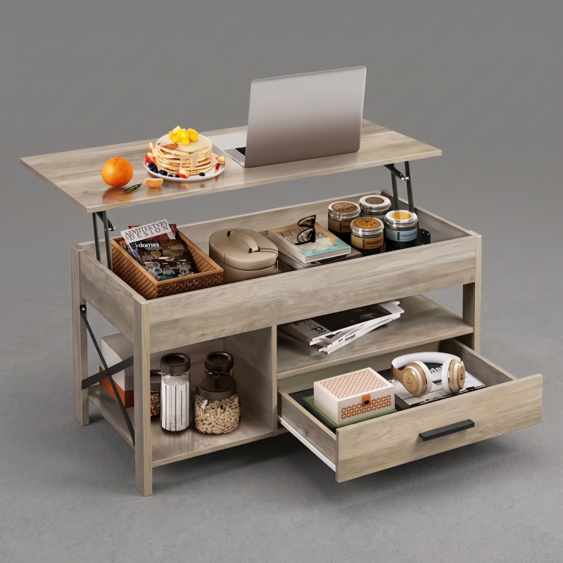 Coffee Table Lift Top, Multi-Function Convertible Coffee Table with Drawers and Hidden Compartment, Coffee Table Converts to Dining Table for Living Room, Home Office, Patio Furniture, outdoor furniture 6 A grey Top Multi-Function Convertible Coffee Table in a studio setting with its top surface lifted to serve as a desk. A laptop, a plate of pancakes, and an orange sit on the raised tabletop. The storage body is fully open, showing organized interior sections with a wicker basket, jars, and books, while a lower slide-out drawer holds headphones and a decorative box.