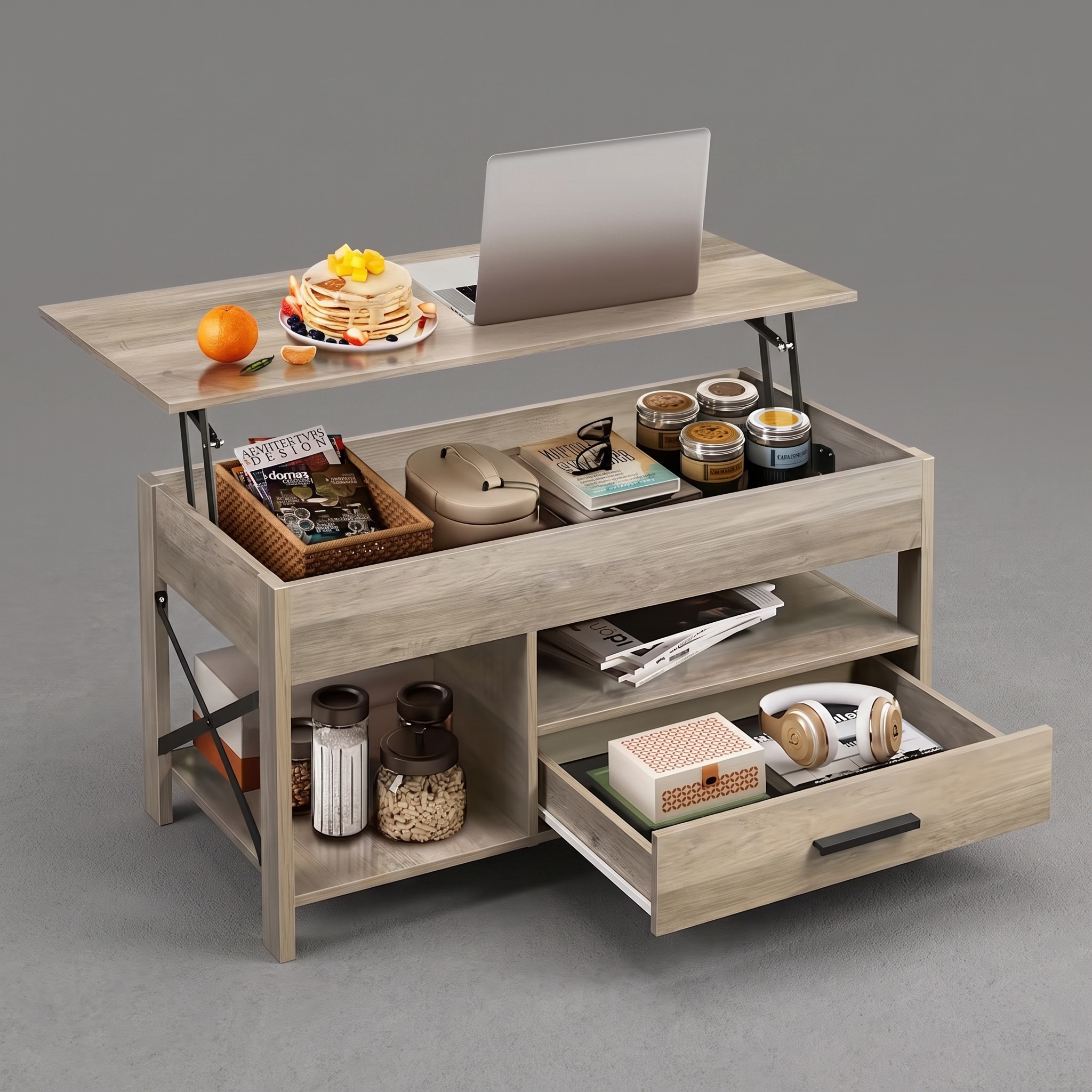 Coffee Table Lift Top, Multi-Function Convertible Coffee Table with Drawers and Hidden Compartment, Coffee Table Converts to Dining Table for Living Room, Home Office, Patio Furniture, outdoor furniture 6 A grey Top Multi-Function Convertible Coffee Table in a studio setting with its top surface lifted to serve as a desk. A laptop, a plate of pancakes, and an orange sit on the raised tabletop. The storage body is fully open, showing organized interior sections with a wicker basket, jars, and books, while a lower slide-out drawer holds headphones and a decorative box.