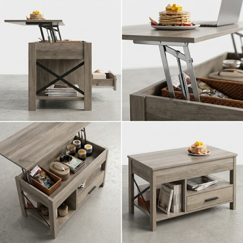 Coffee Table Lift Top, Multi-Function Convertible Coffee Table with Drawers and Hidden Compartment, Coffee Table Converts to Dining Table for Living Room, Home Office, Patio Furniture, outdoor furniture 7 A four-panel product display grid of a grey Top Multi-Function Convertible Coffee Table. Panels show a side profile with metal X-brace detailing, a close-up of the chrome lifting arm mechanism under the tabletop, an elevated high-angle shot looking down into the divided interior compartment, and a bottom-right panel showcasing the table fully closed with books on its open shelves.