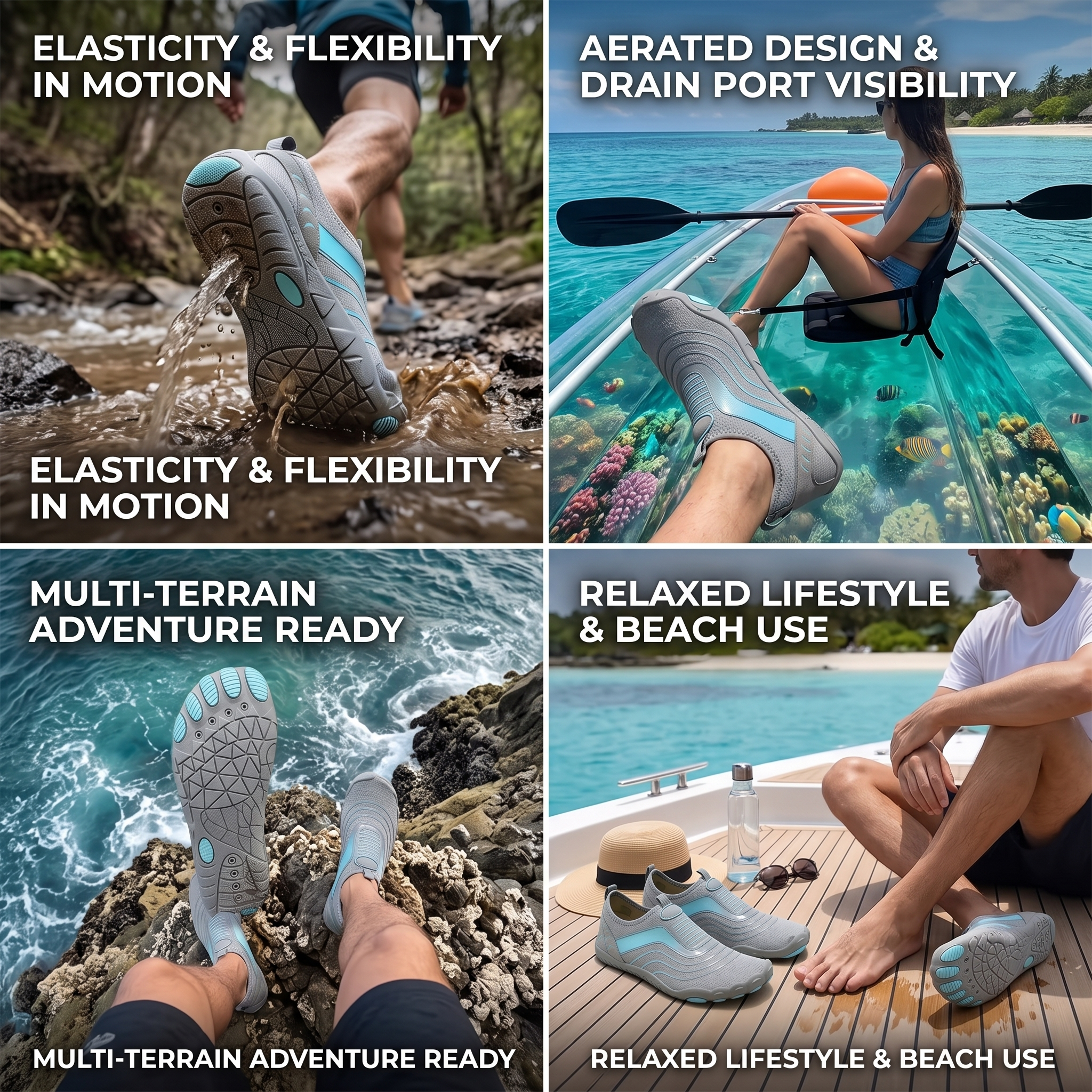 Unisex Quick-Dry Water Shoes, Comfortable and Breathable, Suitable for Fishing, Surfing, Hiking, Wading, Beach Play, and Fitness Squats 33 A four-panel outdoor collage featuring grey color Unisex Quick-Dry Water Shoes, showing their flexibility in a stream, use in a clear kayak, grip on ocean rocks,