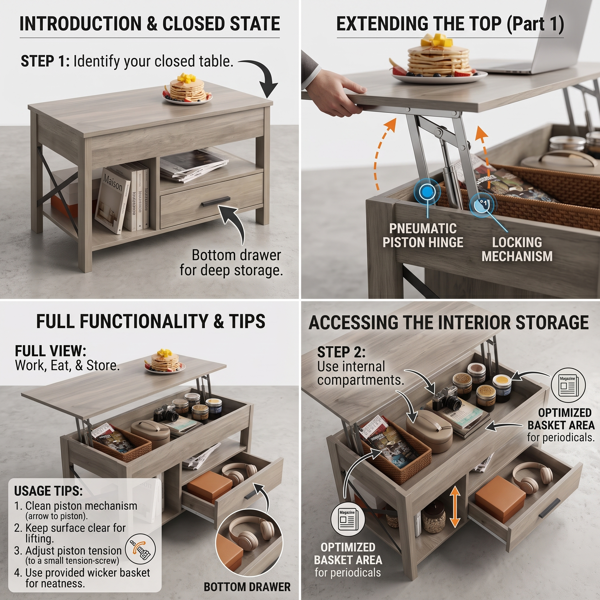 Coffee Table Lift Top, Multi-Function Convertible Coffee Table with Drawers and Hidden Compartment, Coffee Table Converts to Dining Table for Living Room, Home Office, Patio Furniture, outdoor furniture 19 An educational e-commerce infographic for a grey Top Multi-Function Convertible Coffee Table divided into four numbered step panels. The tutorial diagrams the closed state, details the pneumatic piston hinge and locking mechanism, outlines usage and adjustment tips, and guides the user on accessing the optimized interior storage compartments and wicker basket areas.