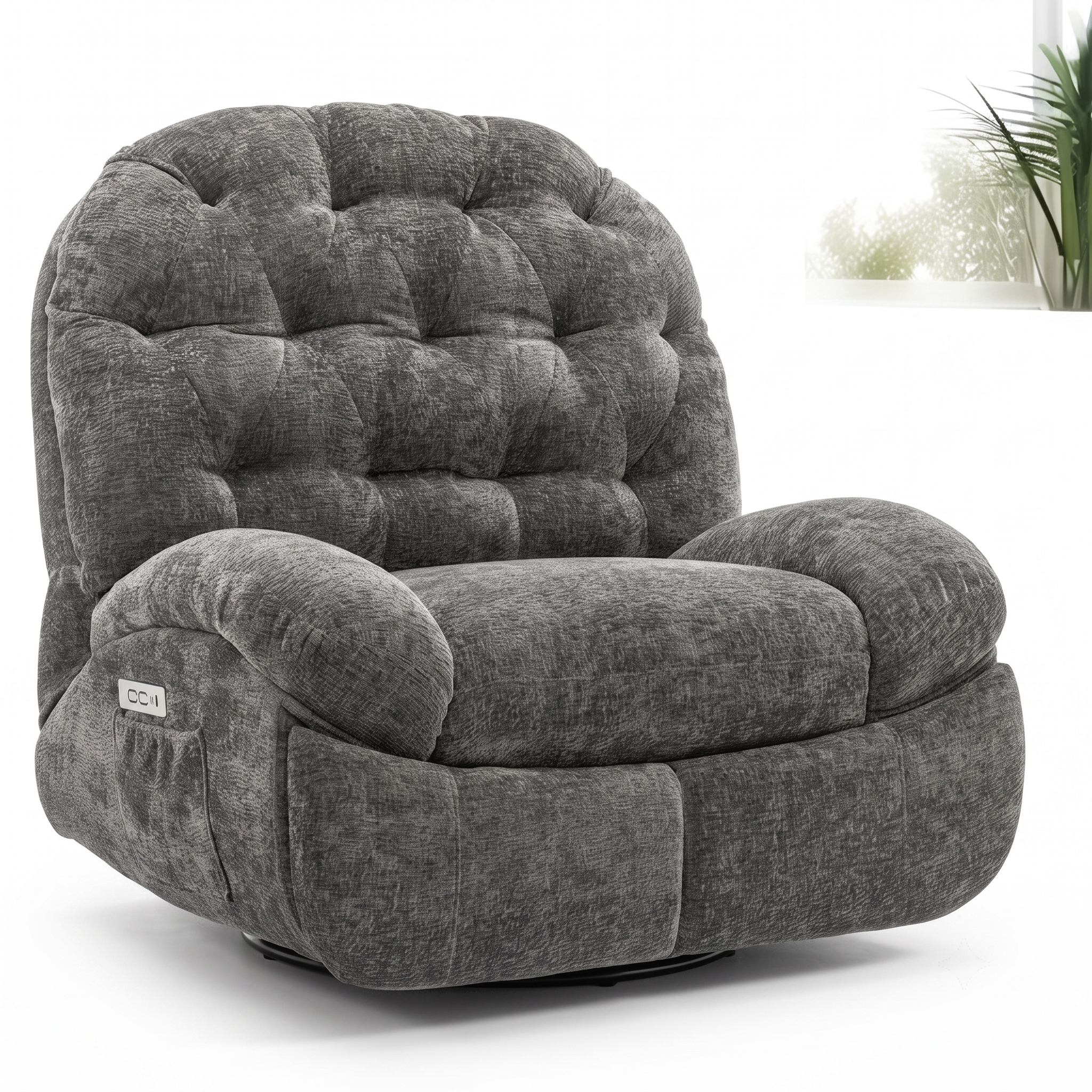 Oversized Swivel Recliner Chair, Adult Electric Recliner with USB Port And Side Pocket Storage, Comfortable Soft Shell Rocking Chair, Large Chenille Recliner Suitable for The Living Room 17 A studio product asset isolating the oversized grey power recliner chair in its upright resting position, captured against a clean, plain white background backdrop with a faint window hint on the right. The shot showcases its plush diamond tufting, thick curved armrests, and side storage panel.