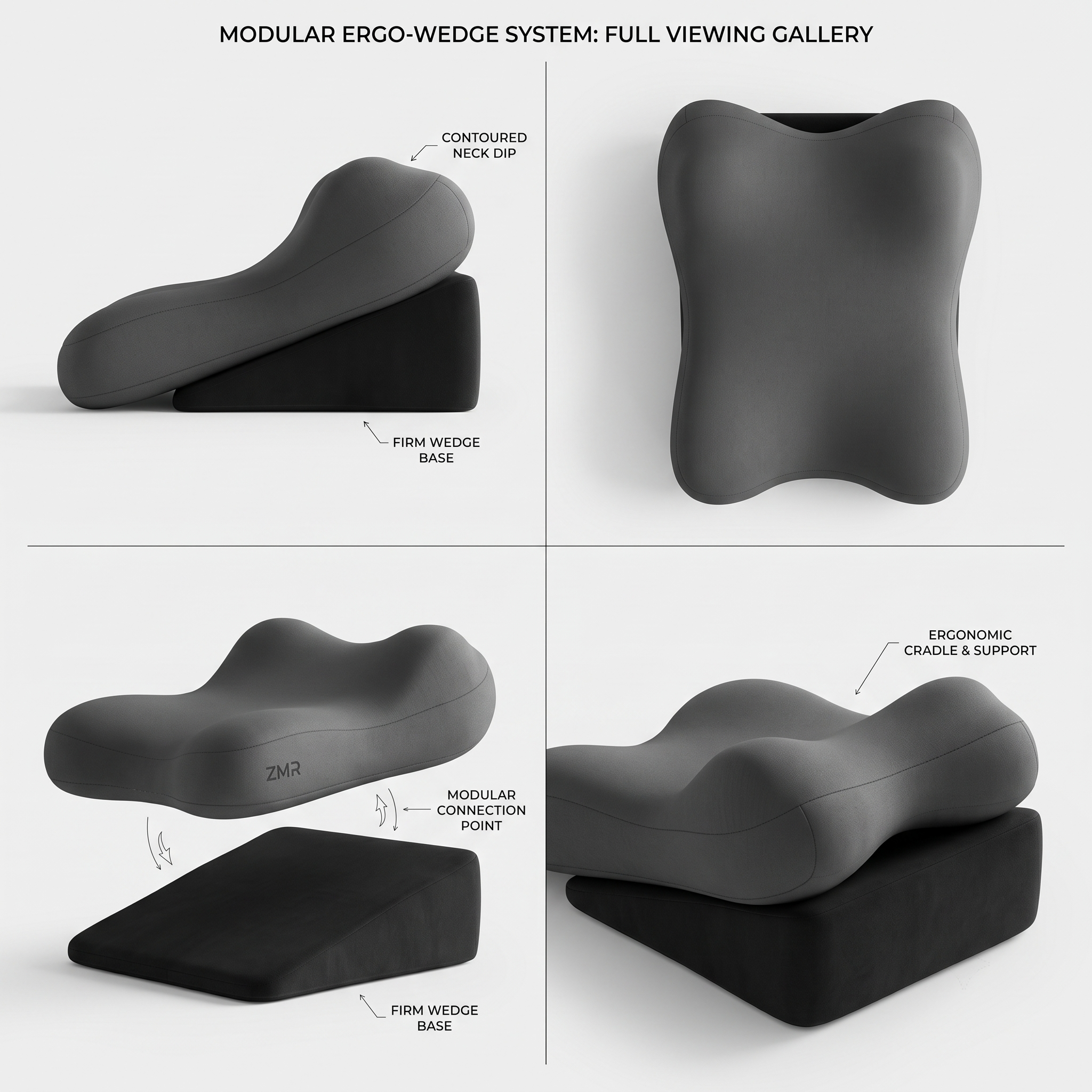 reliable Ergonomic Bed Wedge Pillow Adjustable Memory Foam Backrest for Reading, 2pcs Split Design Support Pillow for Sitting Up in Bed, Non-Slip Lumbar & Neck Cushion for Home Office & Relaxing 8 A 4 panel product viewing gallery infographic showcasing the modular mrali grey black color Bed Wedge Pillow with side elevations, top down plan views, an exploded view diagram highlighting the connection points, and an assembled perspective shot.